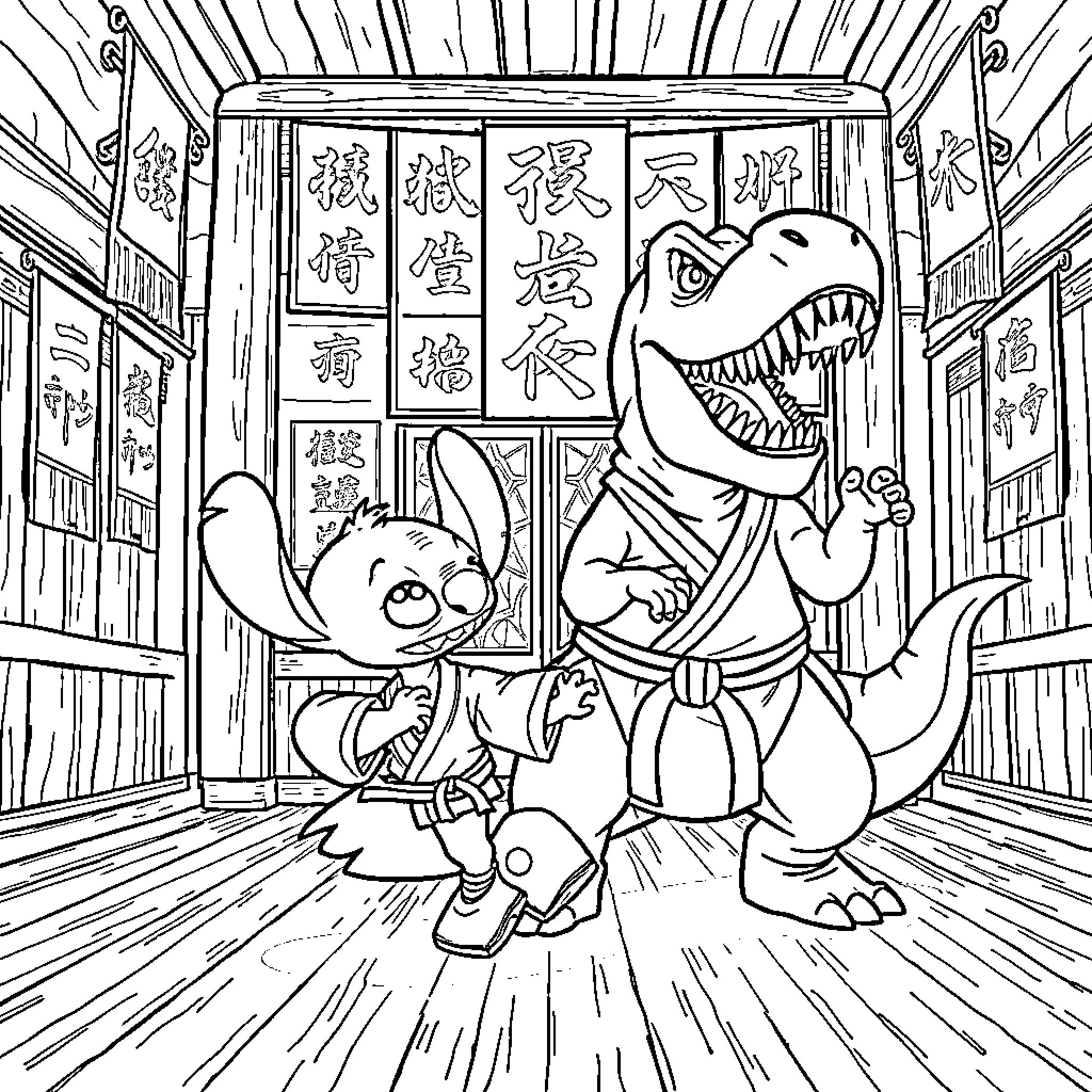 Stitch and Dinosaur Explore Mysterious Asian Street Coloring Page (free black-and-white line drawing printable PDF for all, from beginners to advanced learners, including children, teens, adults, and seniors)