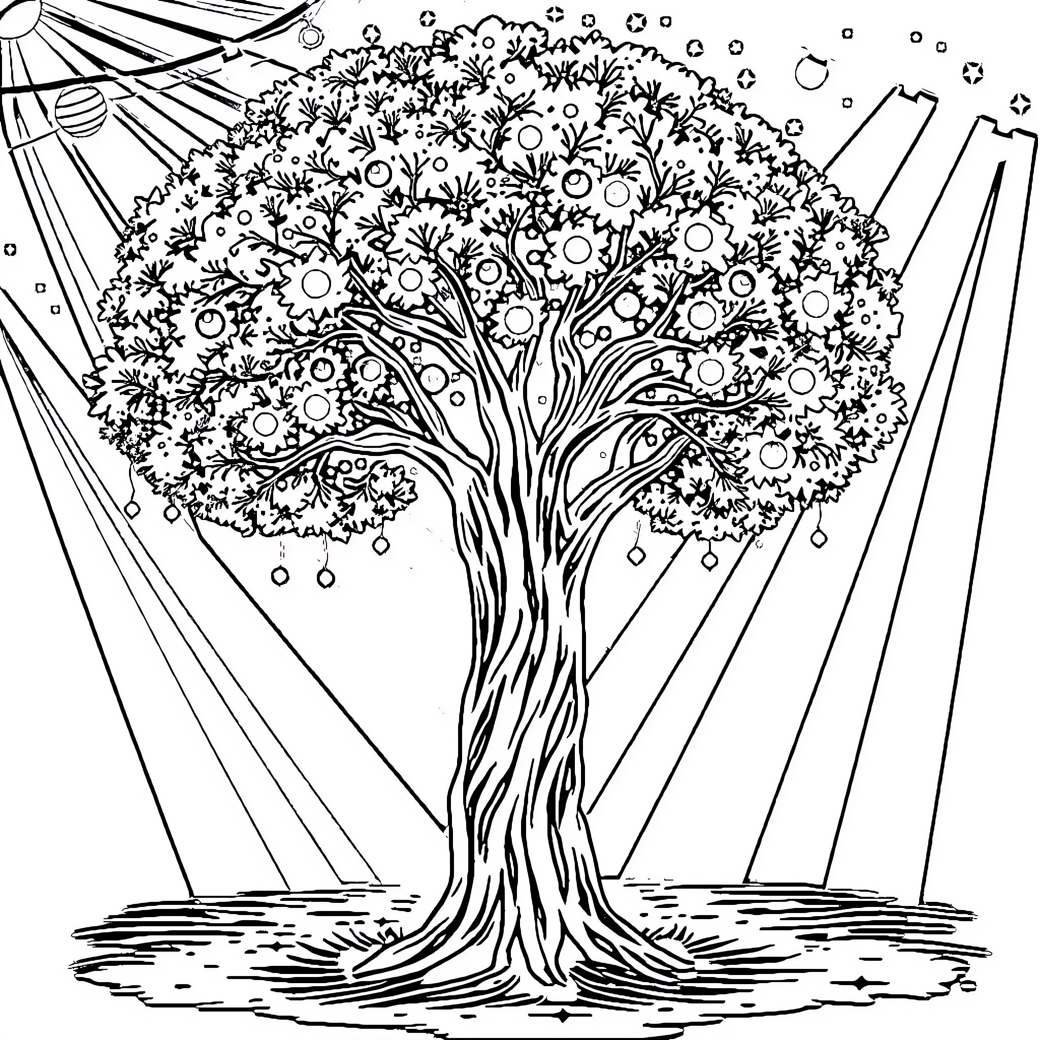 Tree of Blooming Flowers and Radiant Sunlight Coloring Page (free black-and-white line drawing printable PDF for all, from beginners to advanced learners, including children, teens, adults, and seniors)