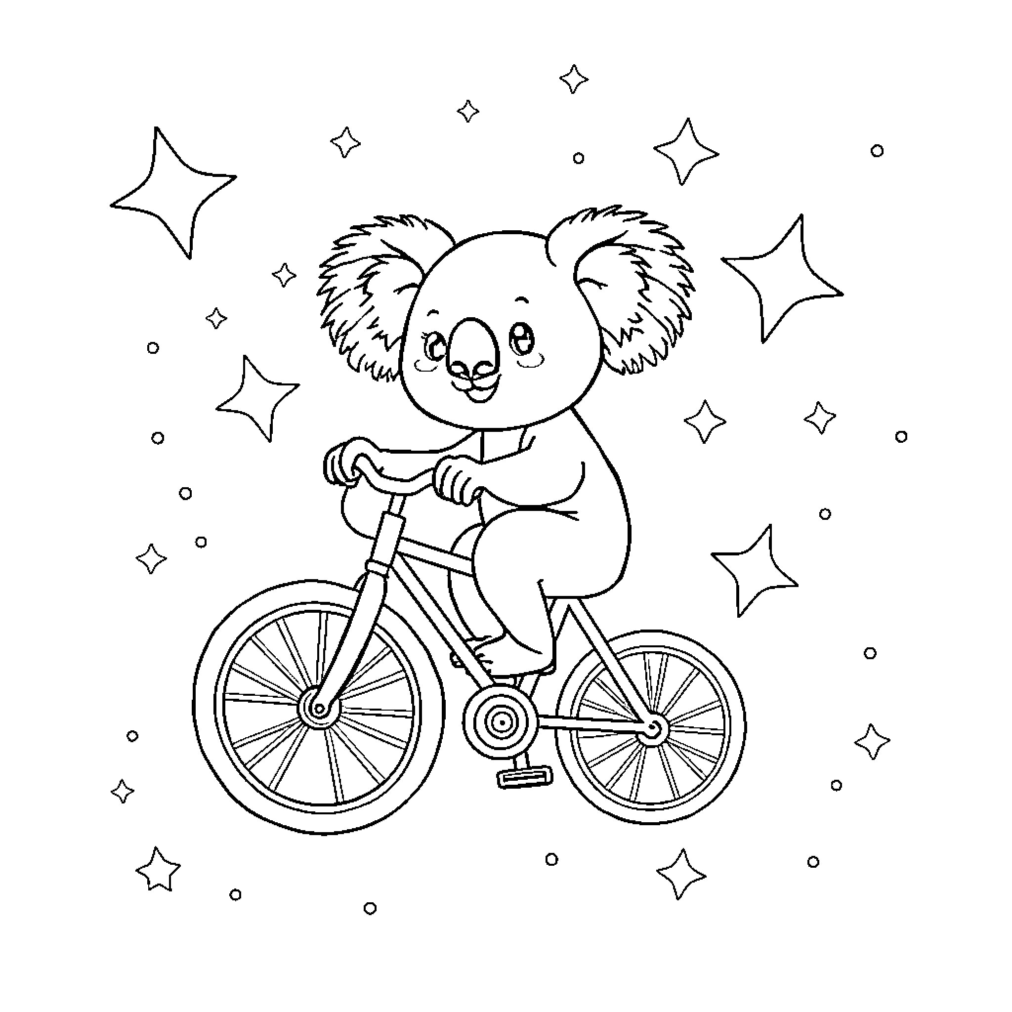 Koala riding a bicycle with stars Coloring Page (free black-and-white line drawing printable PDF for all, from beginners to advanced learners, including children, teens, adults, and seniors)
