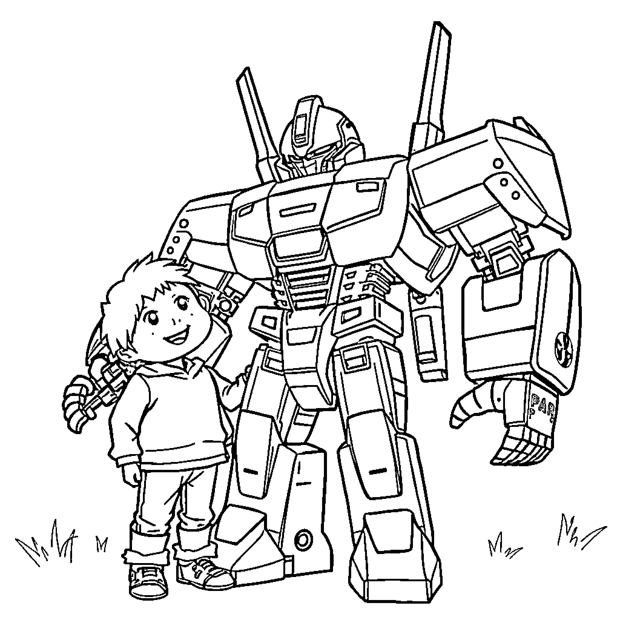 Transformer robot and child in the field Coloring Page (free black-and-white line drawing printable PDF for all, from beginners to advanced learners, including children, teens, adults, and seniors)