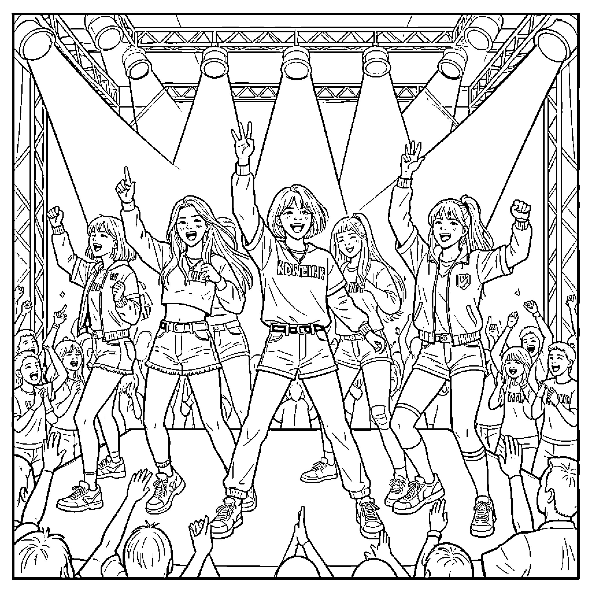 Gerreras performing on stage with energy and enthusiasm Coloring Page (free black-and-white line drawing printable PDF for all, from beginners to advanced learners, including children, teens, adults, and seniors)