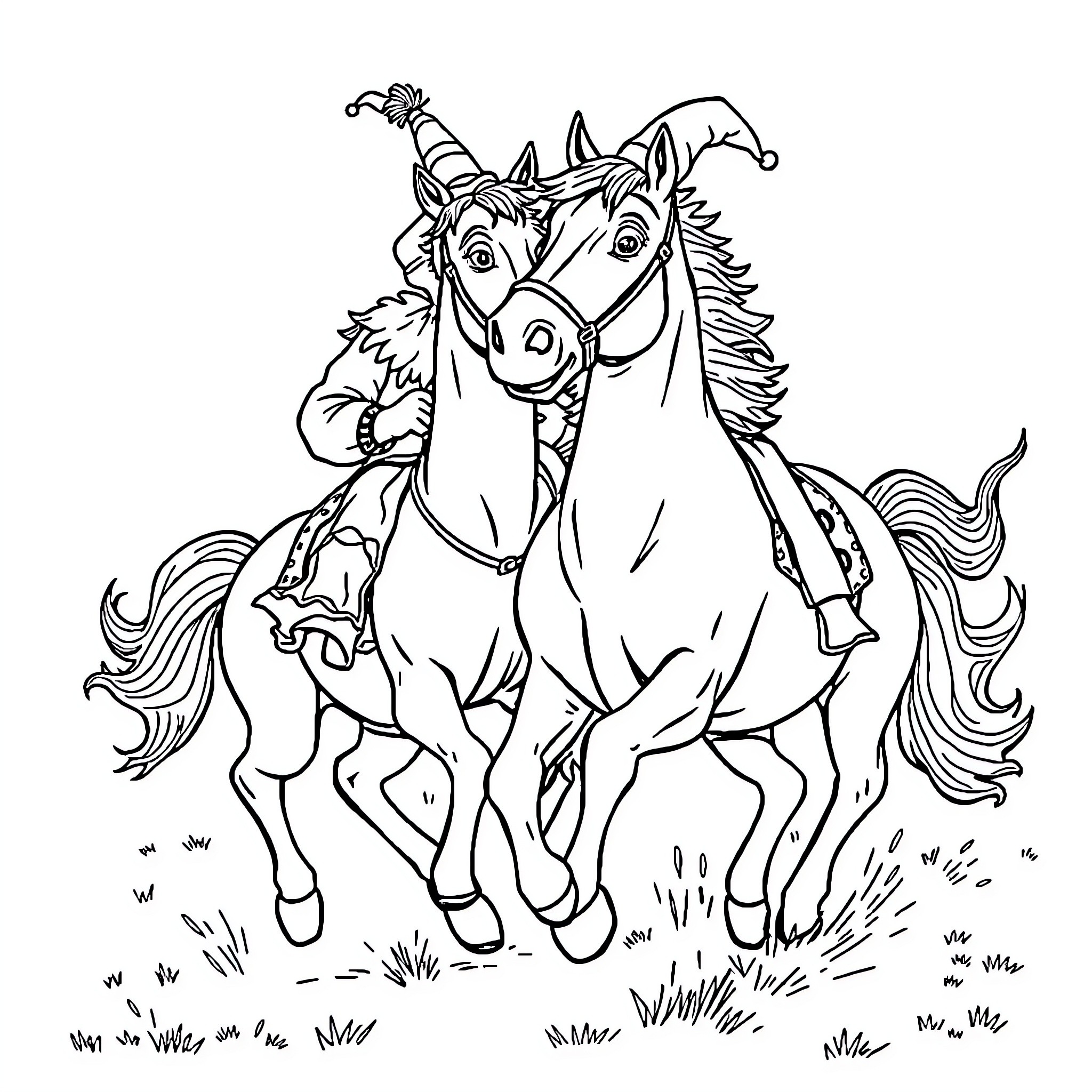 Clown riding colorful horses in a field Coloring Page (free black-and-white line drawing printable PDF for all, from beginners to advanced learners, including children, teens, adults, and seniors)
