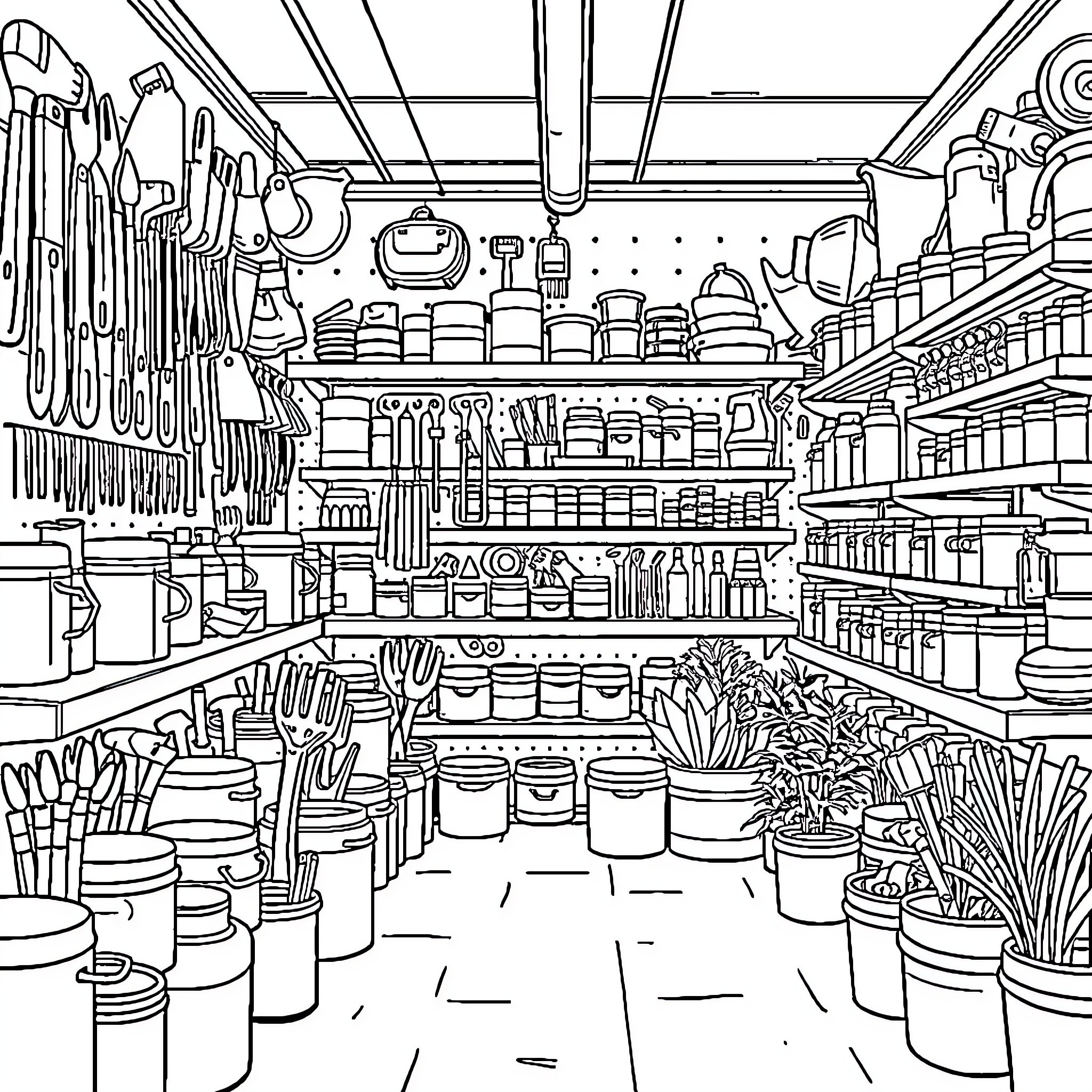 Hardware Store Interior with Assorted Tools and Supplies Coloring Page (free black-and-white line drawing printable PDF for all, from beginners to advanced learners, including children, teens, adults, and seniors)