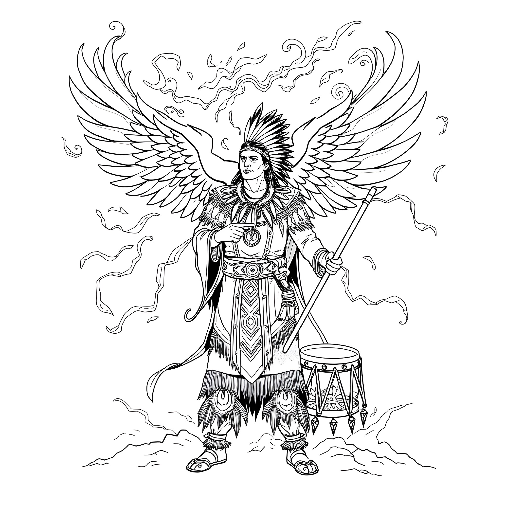 Shaman with Majestic Wings Performing Ceremonial Ritual Coloring Page (free black-and-white line drawing printable PDF for all, from beginners to advanced learners, including children, teens, adults, and seniors)