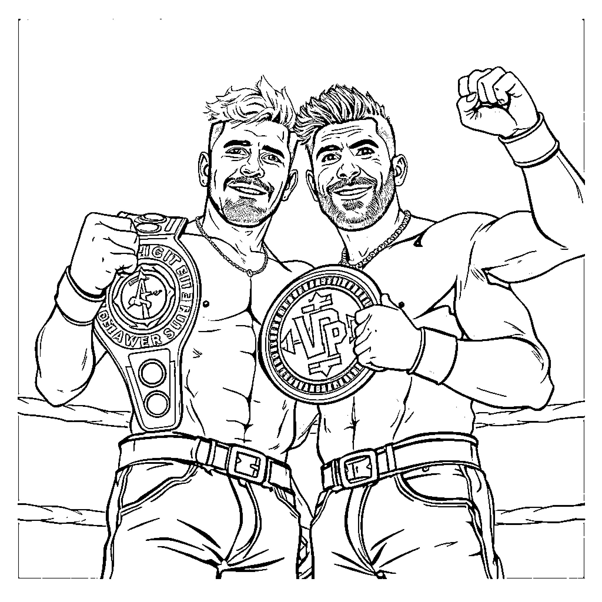 Jake Paul celebrating championship victory with friend Coloring Page (free black-and-white line drawing printable PDF for all, from beginners to advanced learners, including children, teens, adults, and seniors)