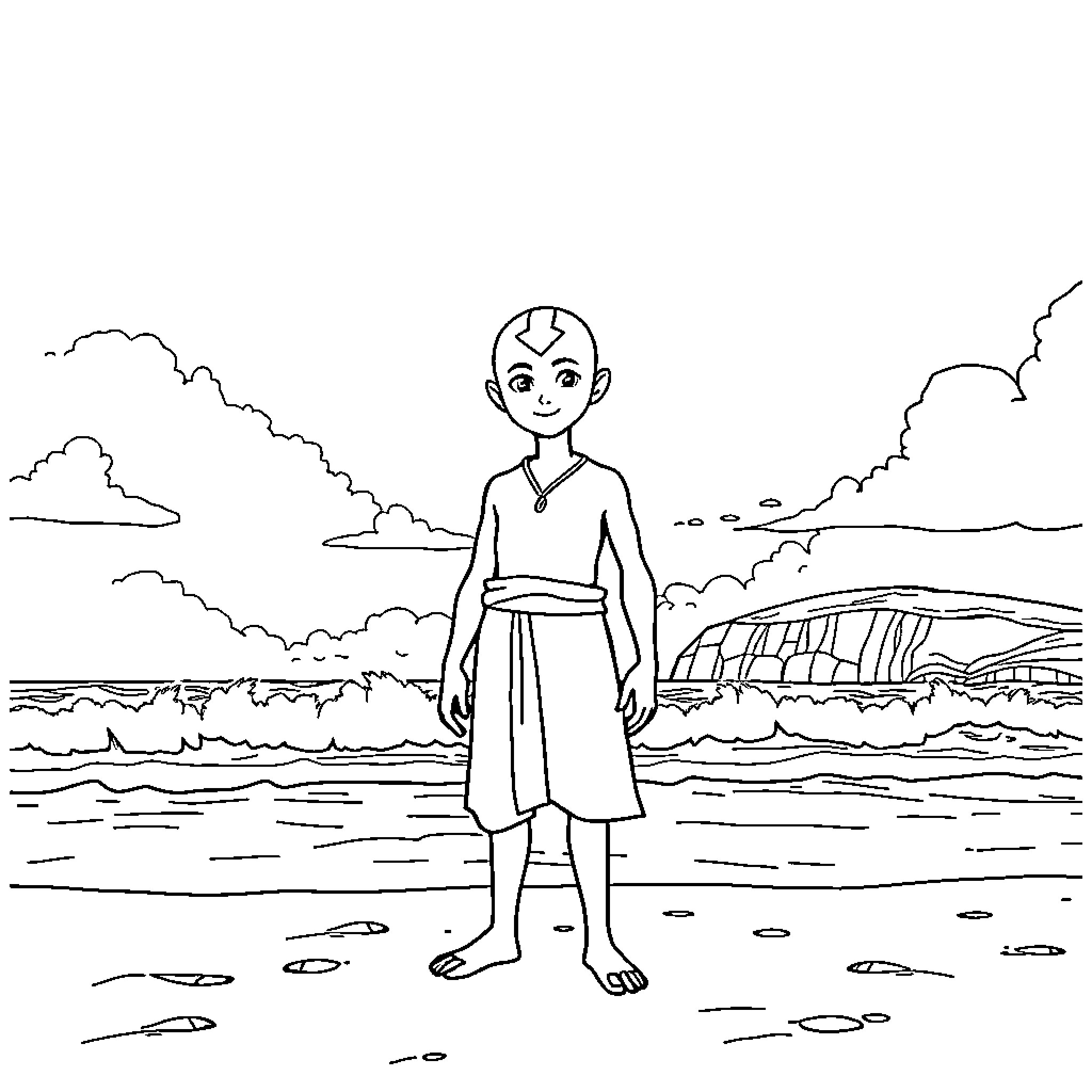 Aang standing on the beach with clouds in the sky Coloring Page (free black-and-white line drawing printable PDF for all, from beginners to advanced learners, including children, teens, adults, and seniors)