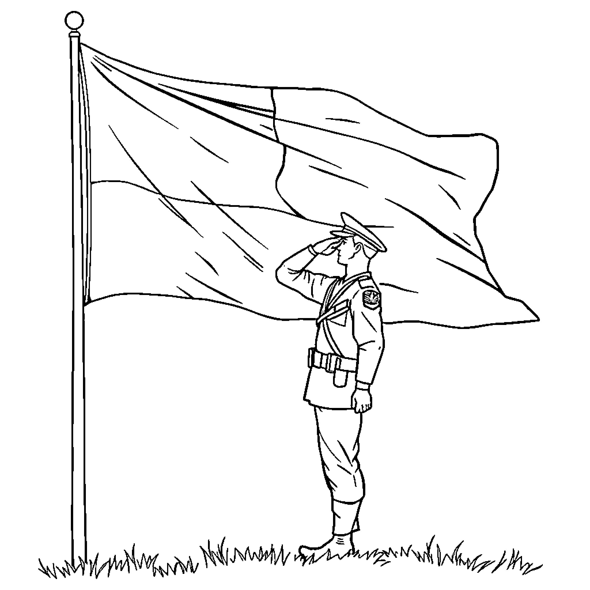 Soldier saluting under waving national flag Coloring Page (free black-and-white line drawing printable PDF for all, from beginners to advanced learners, including children, teens, adults, and seniors)