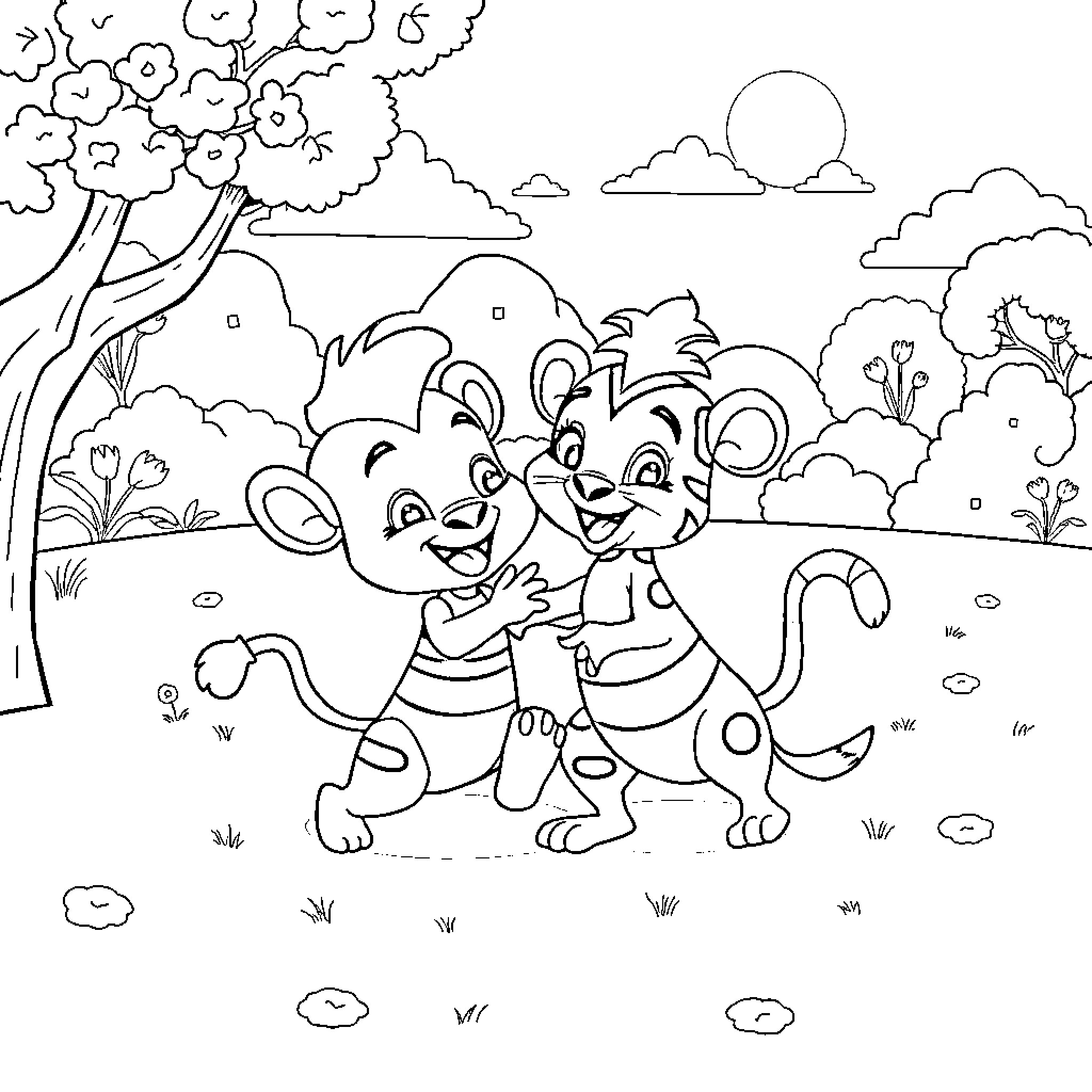 Bumba's Playful Adventure in the Enchanted Forest Coloring Page (free black-and-white line drawing printable PDF for all, from beginners to advanced learners, including children, teens, adults, and seniors)