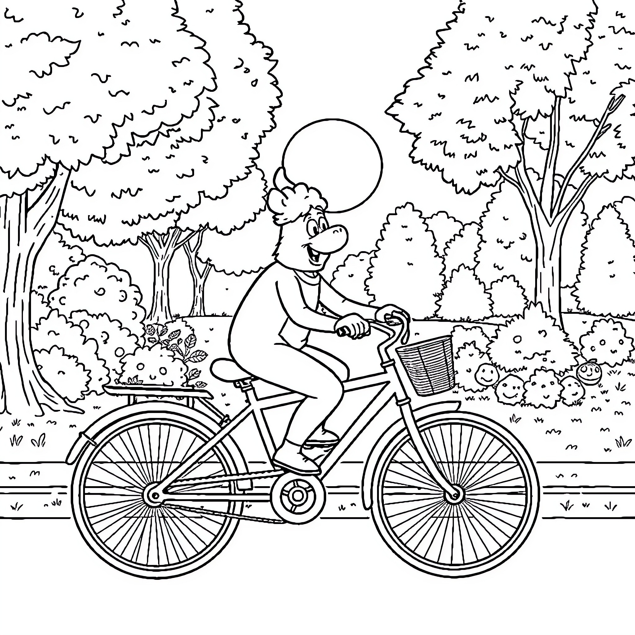 Alf's Bicycle Adventure in the Woods Coloring Page (free black-and-white line drawing printable PDF for all, from beginners to advanced learners, including children, teens, adults, and seniors)