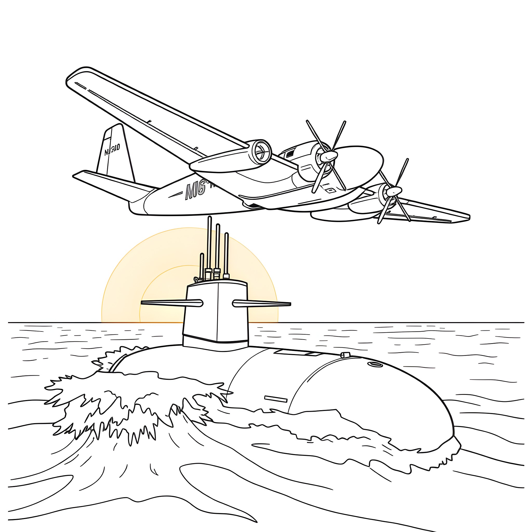 P3 Orion aircraft soaring over the waves Coloring Page (free black-and-white line drawing printable PDF for all, from beginners to advanced learners, including children, teens, adults, and seniors)