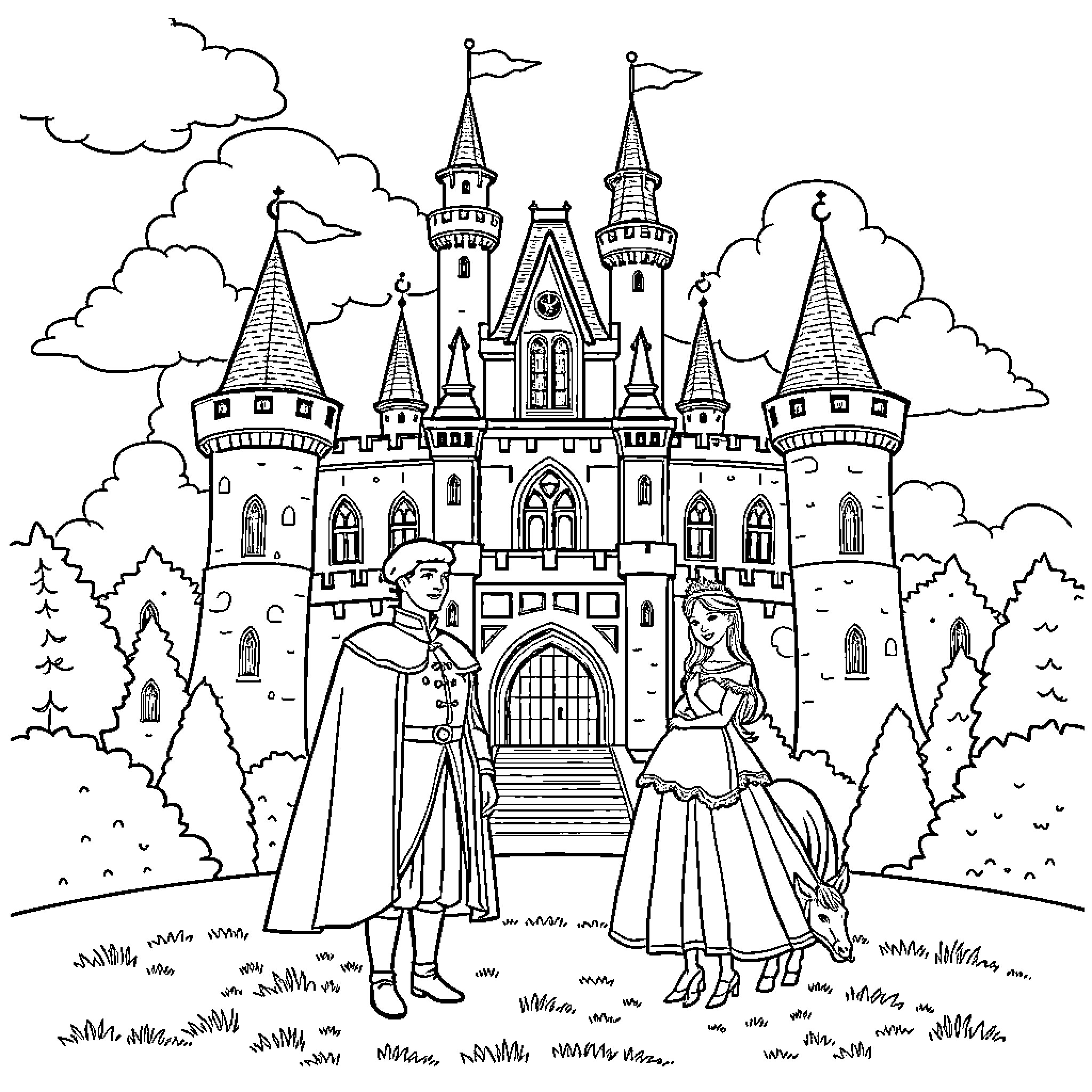 Castle with Fairytale Figures in Elegant Outfits Coloring Page (free black-and-white line drawing printable PDF for all, from beginners to advanced learners, including children, teens, adults, and seniors)