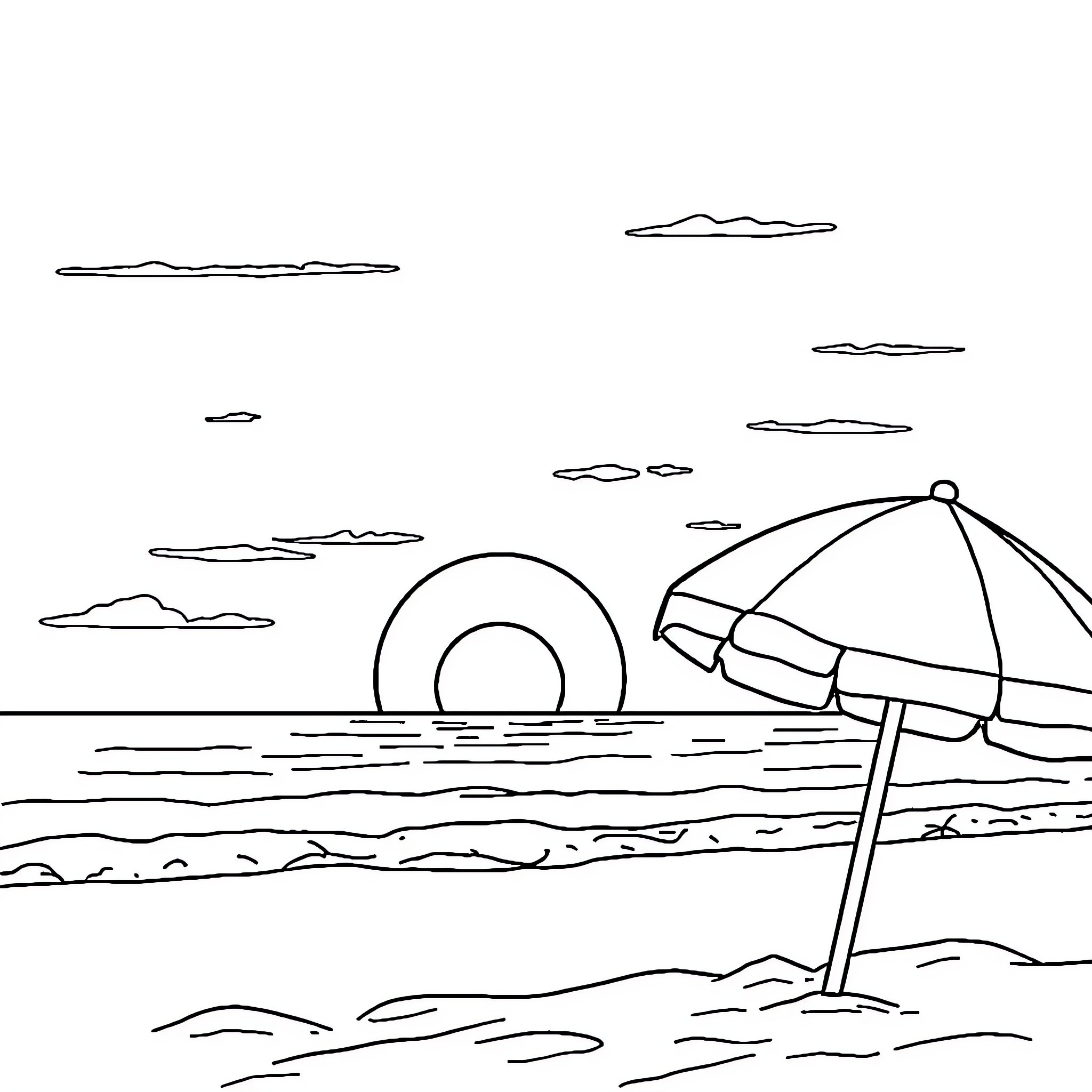 Sun shining over peaceful beach scene Coloring Page (free black-and-white line drawing printable PDF for all, from beginners to advanced learners, including children, teens, adults, and seniors)
