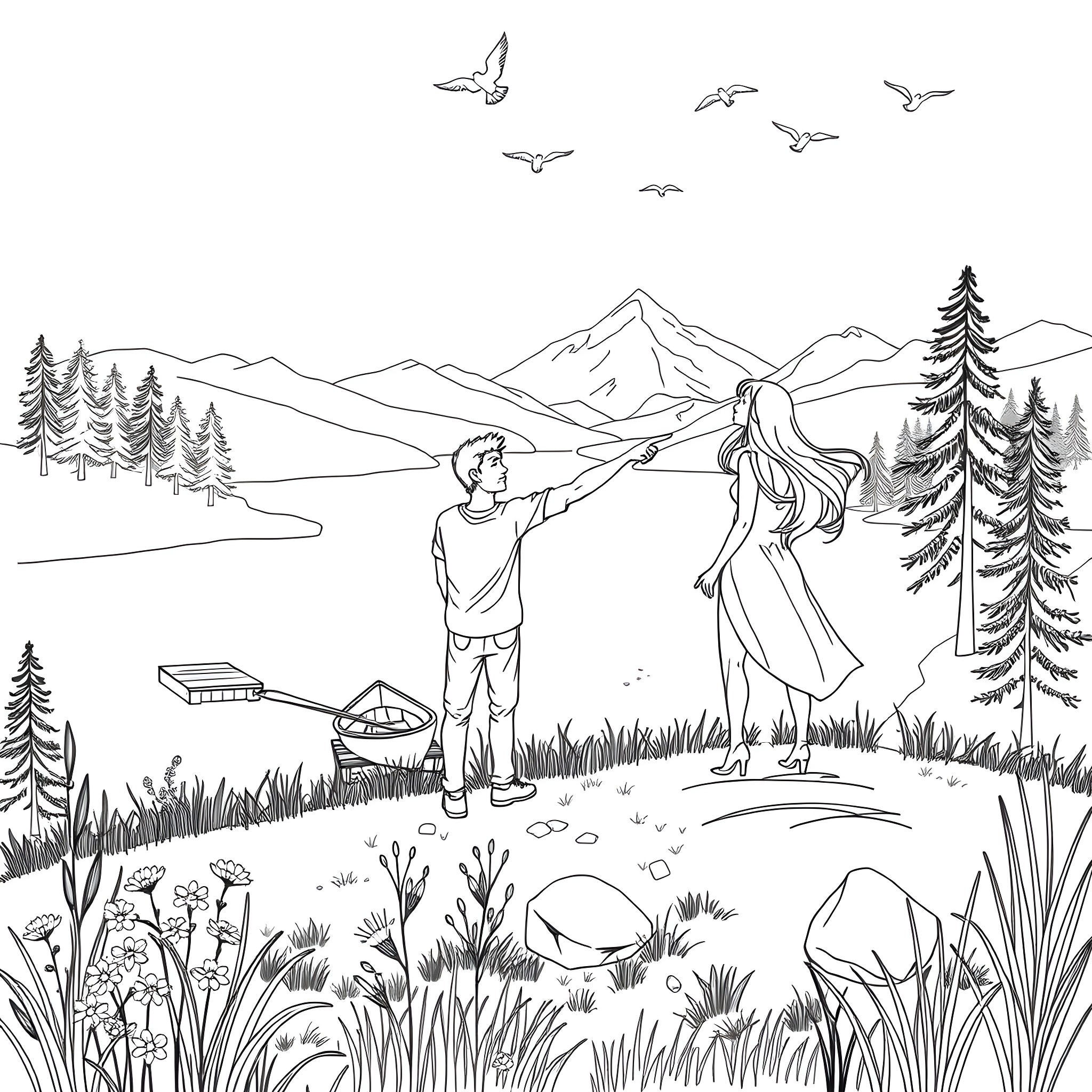 Young Couple Enjoying Scenic Mountain Landscape Coloring Page (free black-and-white line drawing printable PDF for all, from beginners to advanced learners, including children, teens, adults, and seniors)