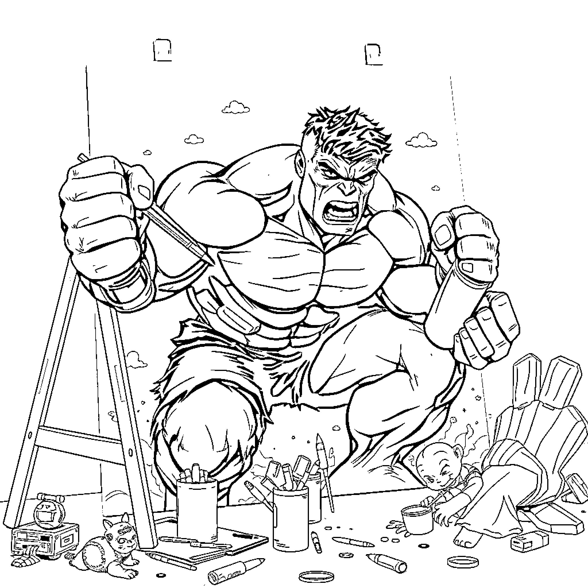 Hulk Smashes Art Supplies in Creative Frenzy Coloring Page (free black-and-white line drawing printable PDF for all, from beginners to advanced learners, including children, teens, adults, and seniors)