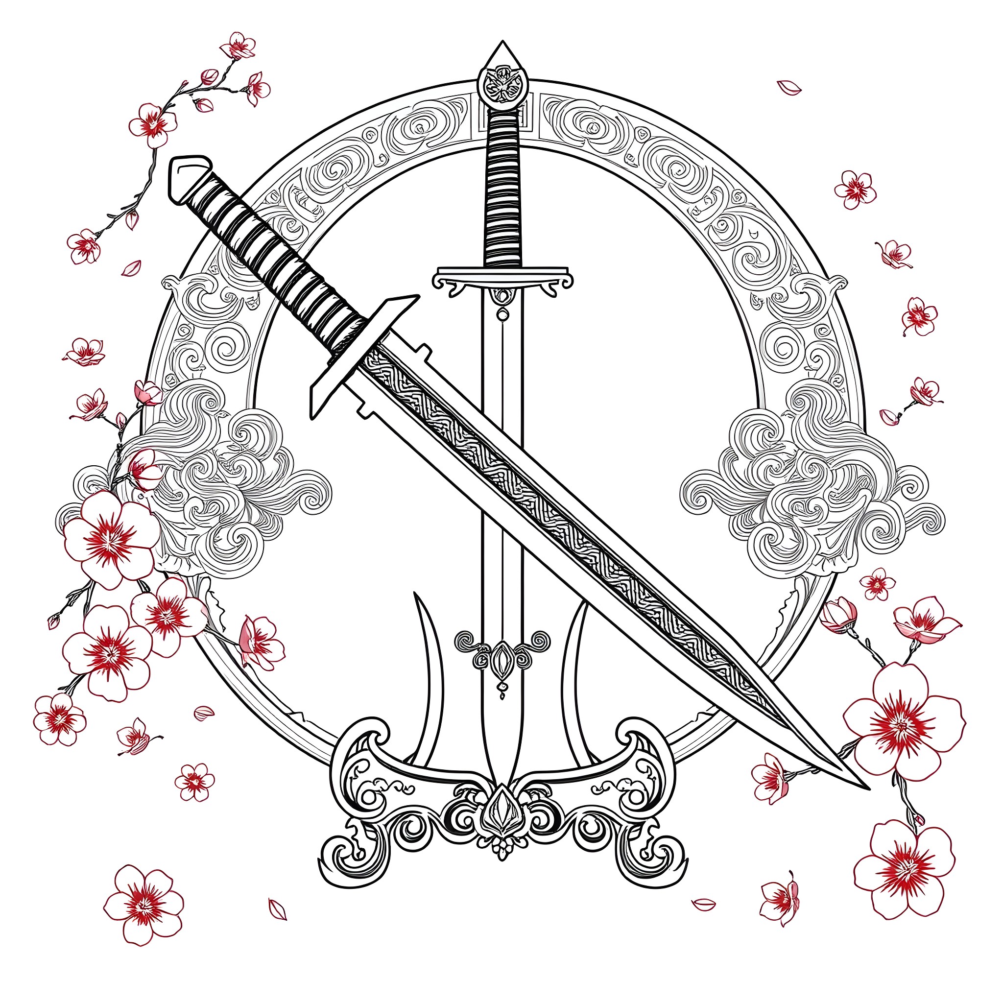 Mulan's sword and flowers in a circular frame Coloring Page (free black-and-white line drawing printable PDF for all, from beginners to advanced learners, including children, teens, adults, and seniors)