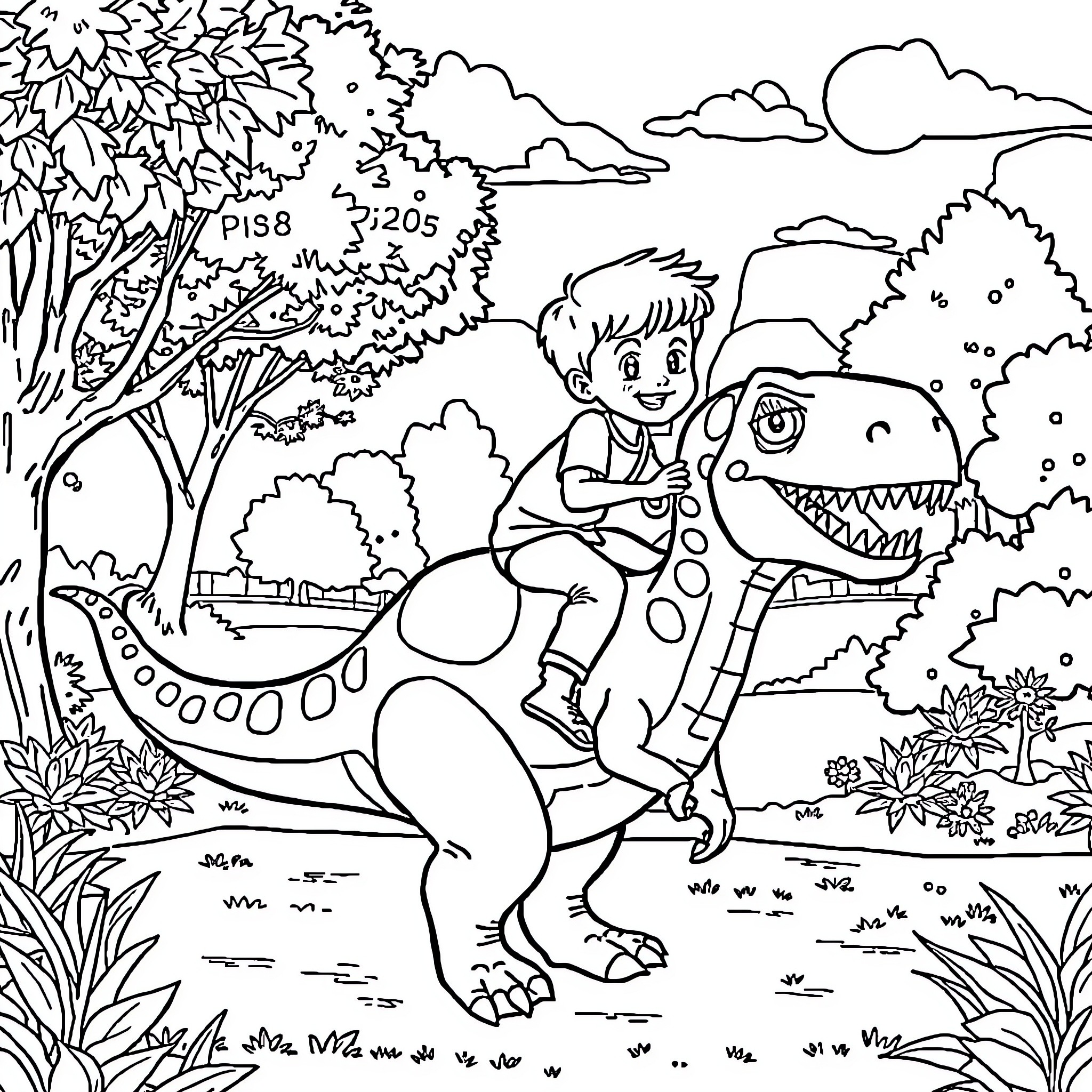Boy riding playful dinosaur in nature scene Coloring Page (free black-and-white line drawing printable PDF for all, from beginners to advanced learners, including children, teens, adults, and seniors)