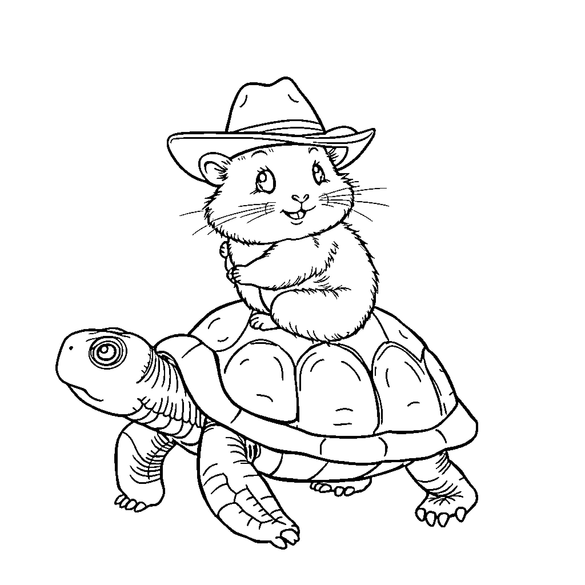 Dwarf Hamster riding a turtle in cowboy hat Coloring Page (free black-and-white line drawing printable PDF for all, from beginners to advanced learners, including children, teens, adults, and seniors)