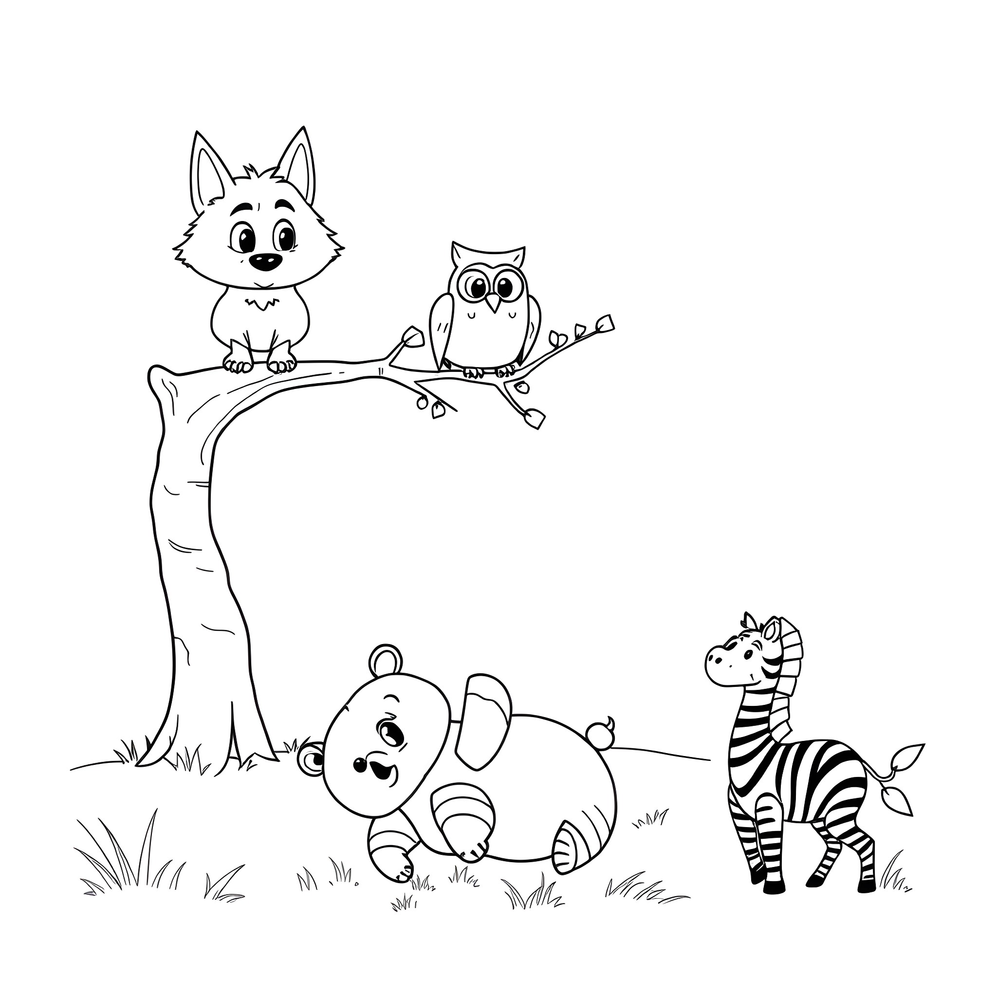 Animal friends in the forest Coloring Page (free black-and-white line drawing printable PDF for all, from beginners to advanced learners, including children, teens, adults, and seniors)