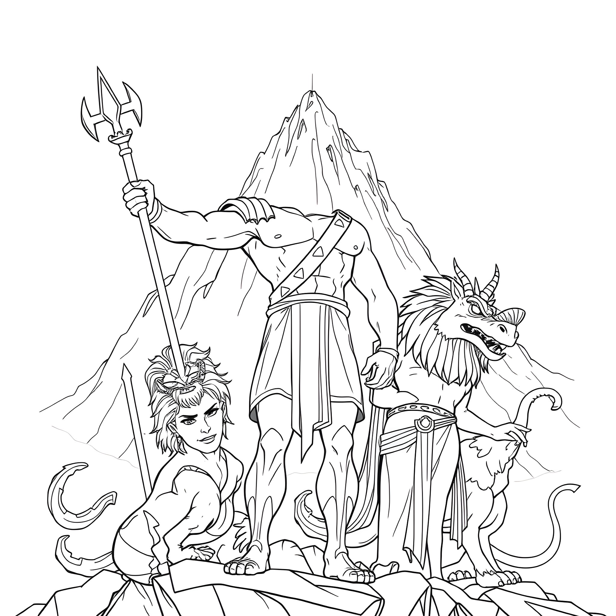 Hercules and his mythical companions explore the rugged terrain Coloring Page (free black-and-white line drawing printable PDF for all, from beginners to advanced learners, including children, teens, adults, and seniors)