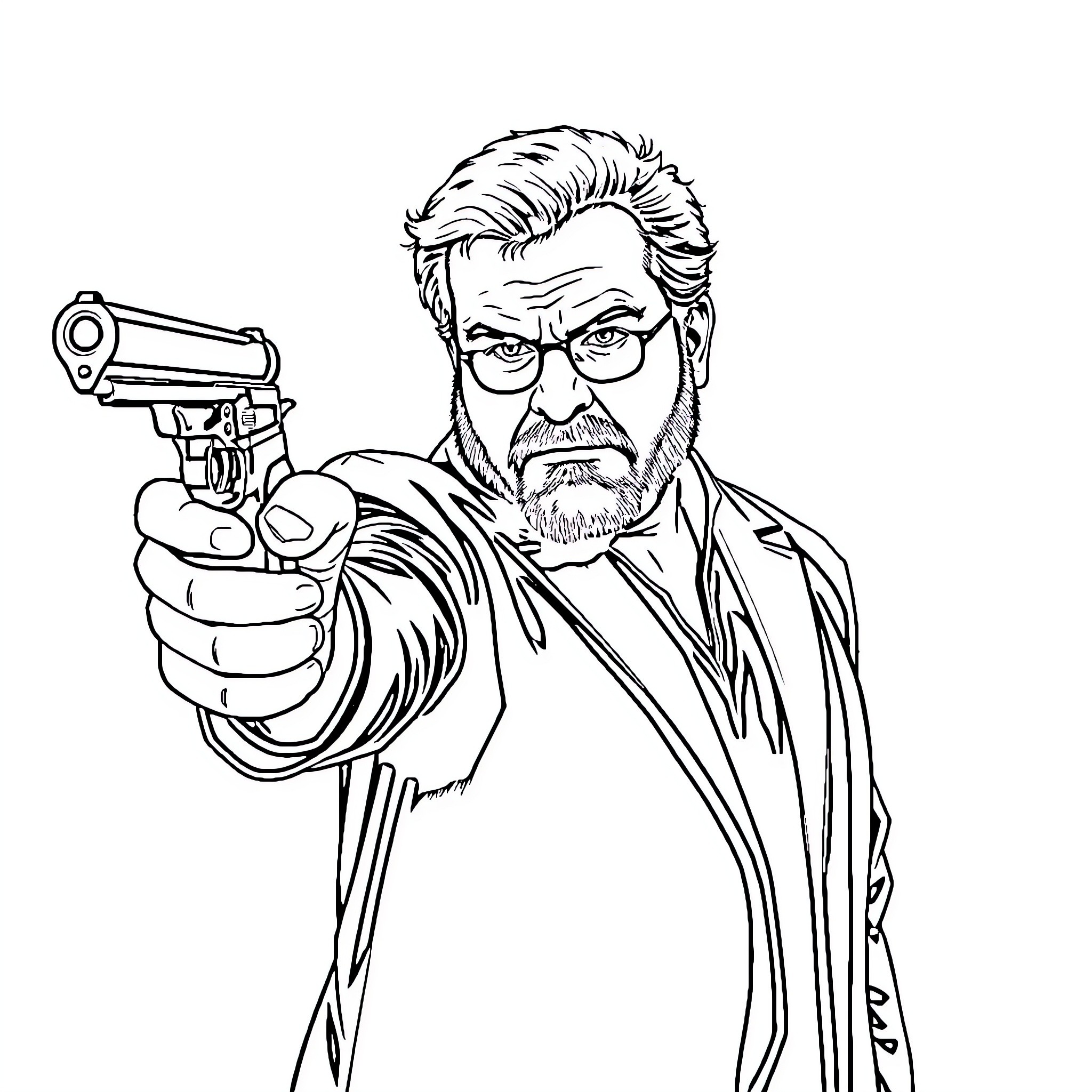 Danny DeVito wielding a gun in action-packed scene Coloring Page (free black-and-white line drawing printable PDF for all, from beginners to advanced learners, including children, teens, adults, and seniors)