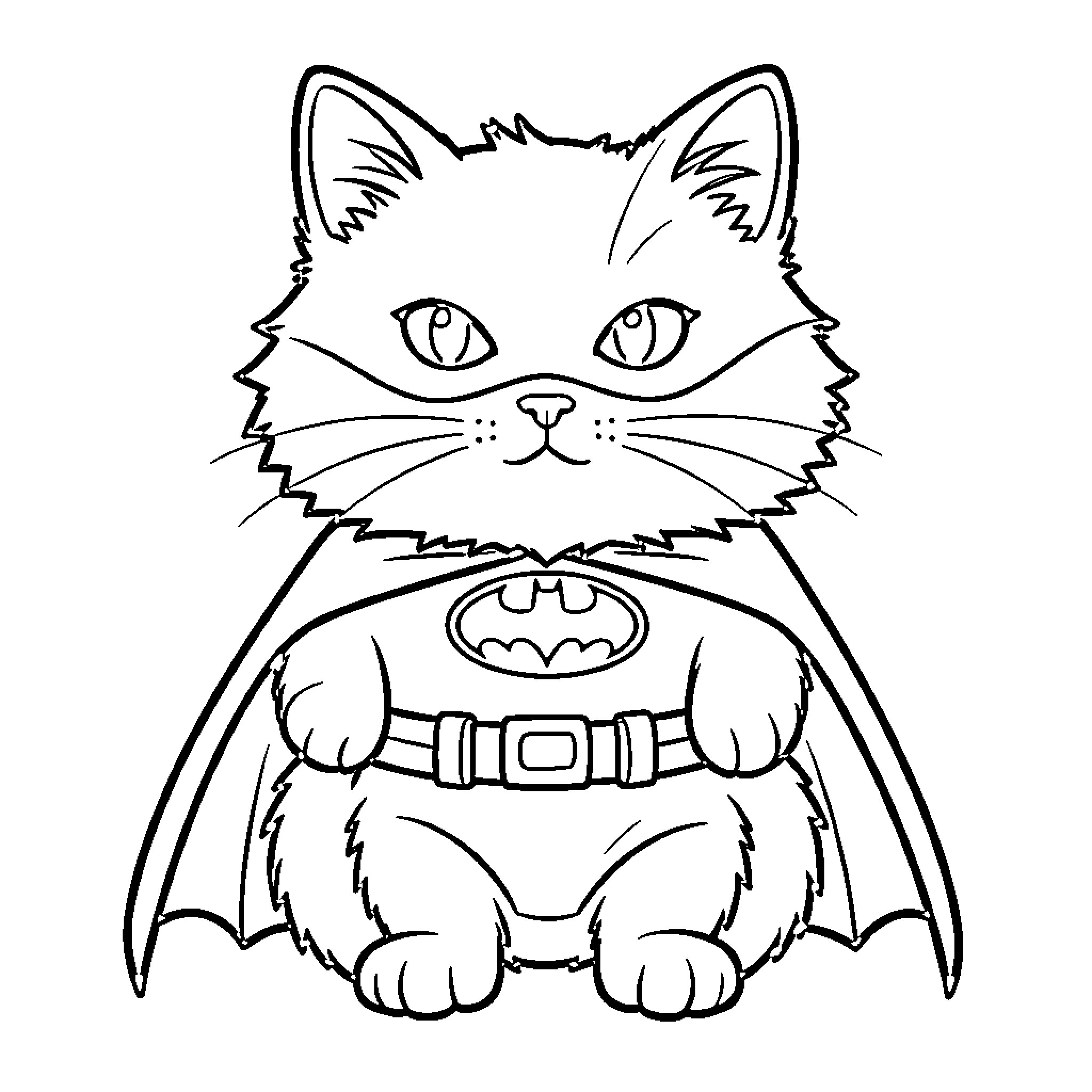 Cat superhero in a Batman costume Coloring Page (free black-and-white line drawing printable PDF for all, from beginners to advanced learners, including children, teens, adults, and seniors)