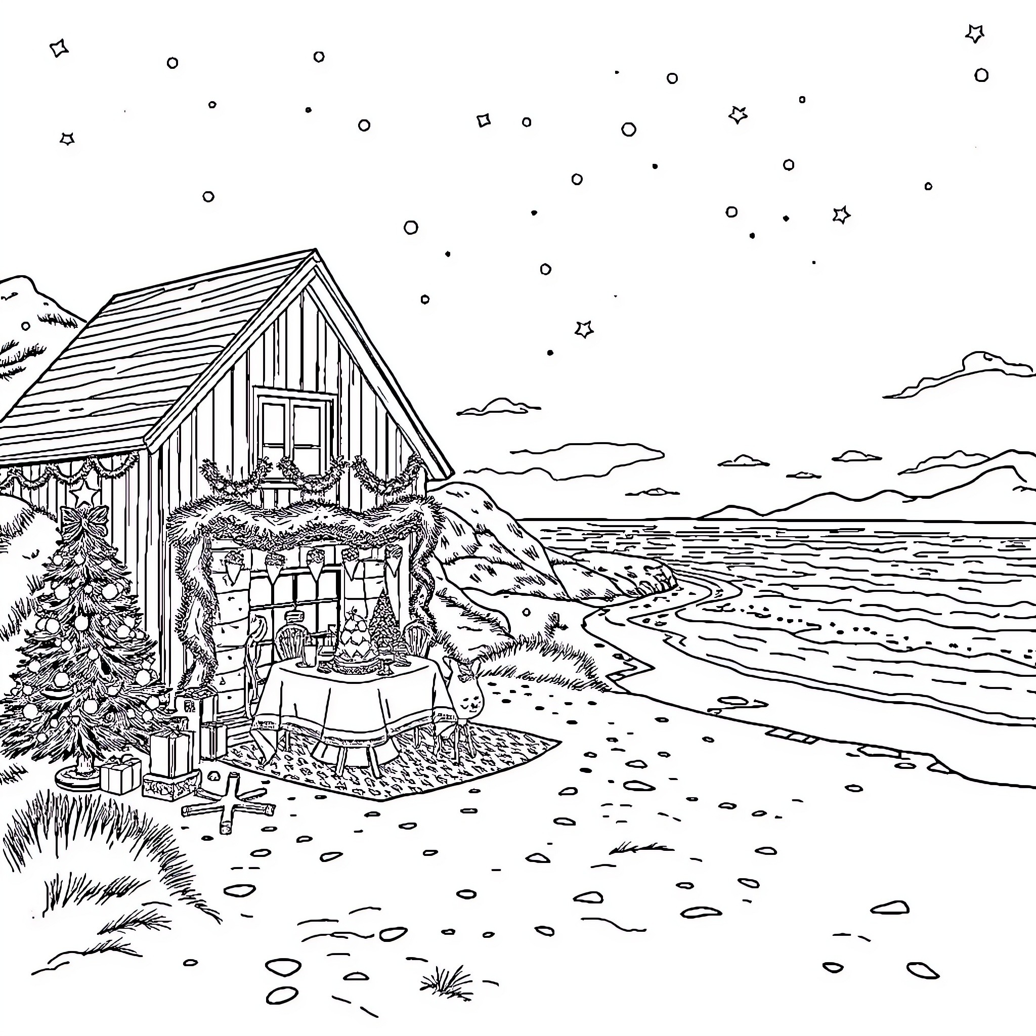 Christmas Cottage by the Seaside Coloring Page (free black-and-white line drawing printable PDF for all, from beginners to advanced learners, including children, teens, adults, and seniors)