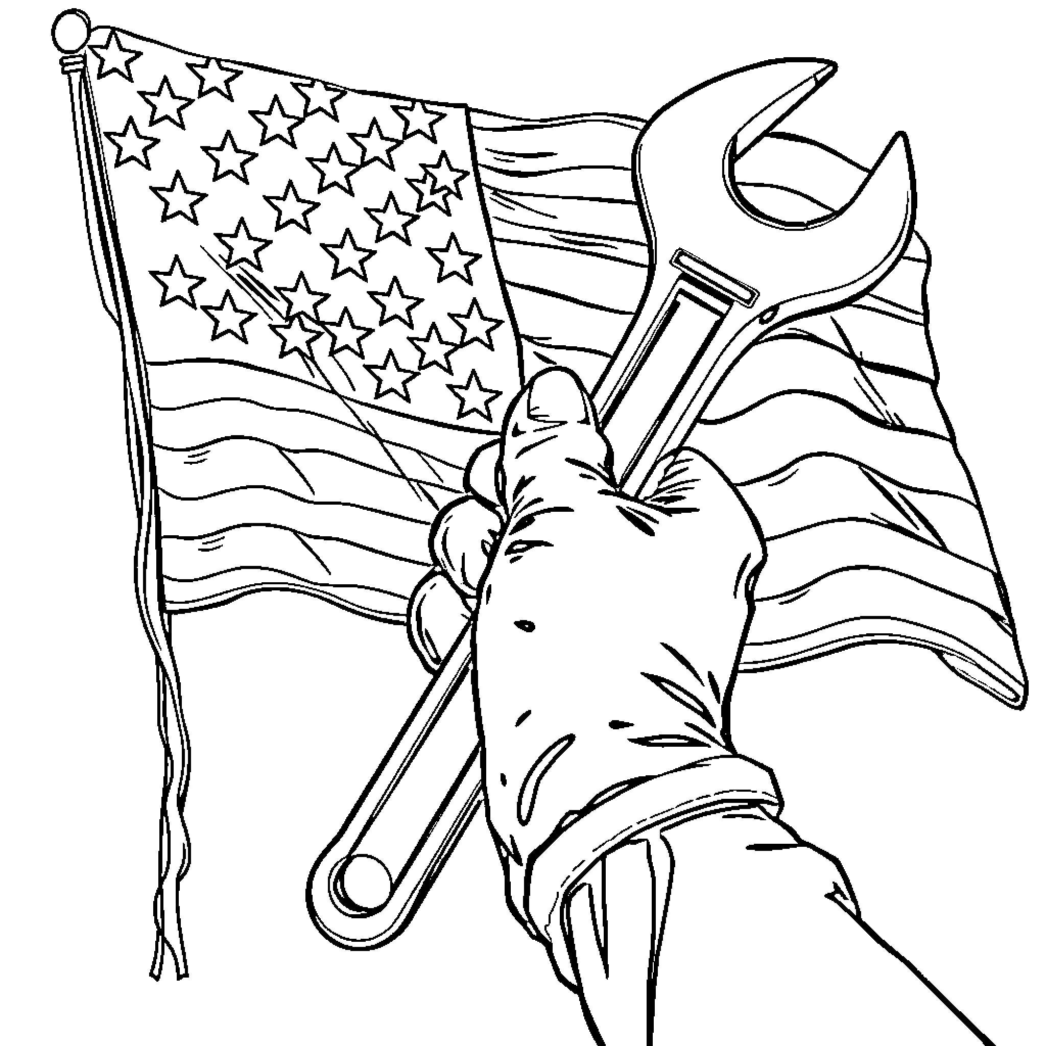Flag waving with tools for American patriotism Coloring Page (free black-and-white line drawing printable PDF for all, from beginners to advanced learners, including children, teens, adults, and seniors)