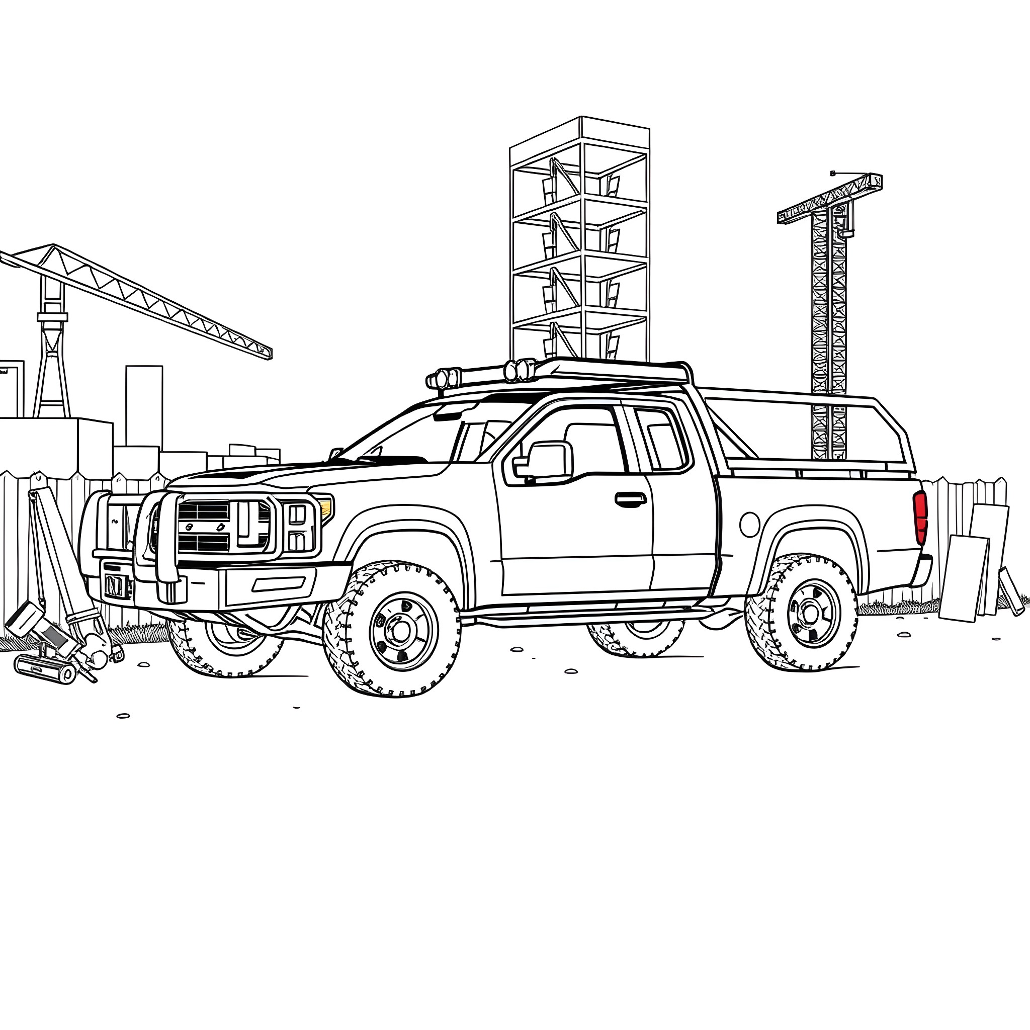 Truck with construction equipment on construction site Coloring Page (free black-and-white line drawing printable PDF for all, from beginners to advanced learners, including children, teens, adults, and seniors)