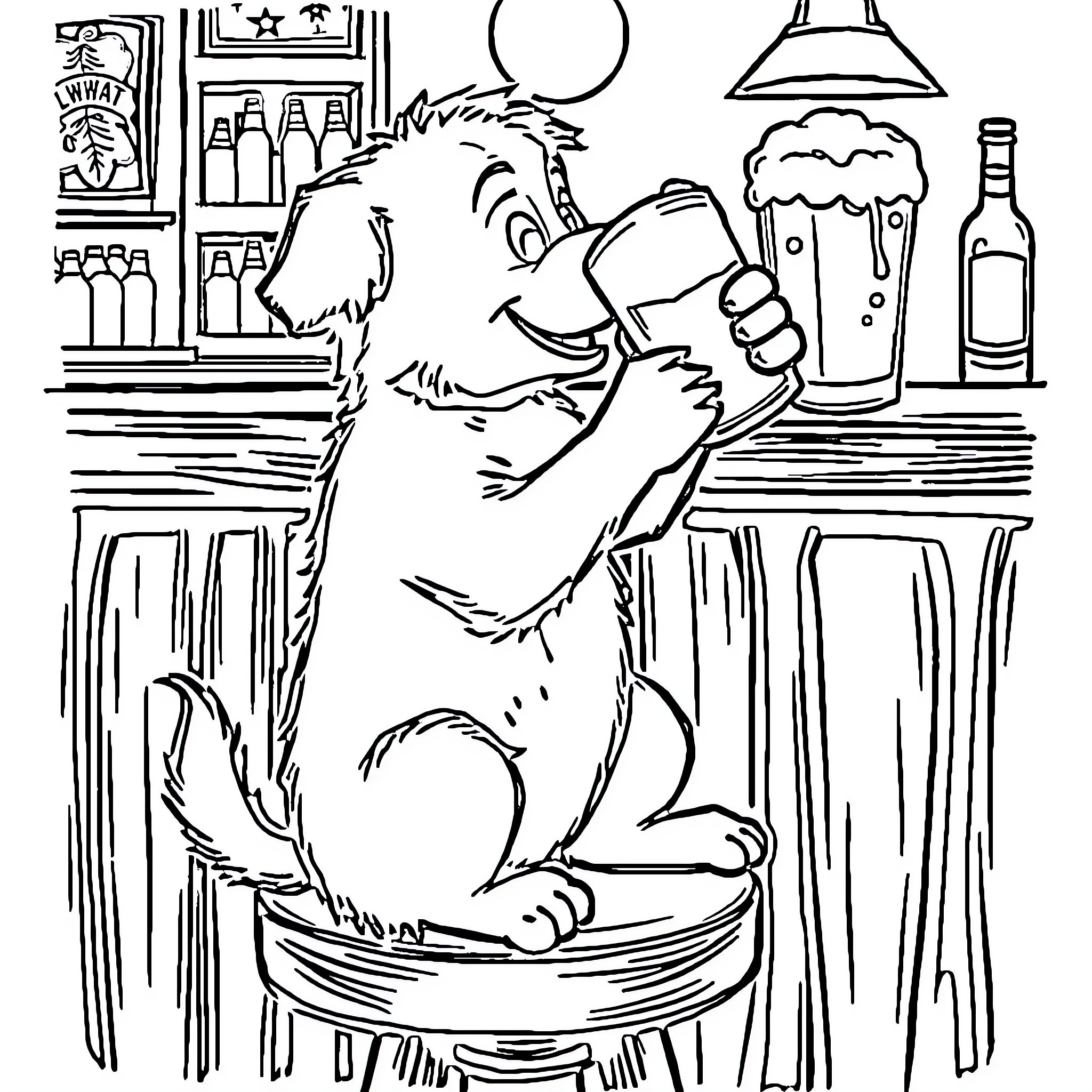Dog relaxing at the bar counter Coloring Page (free black-and-white line drawing printable PDF for all, from beginners to advanced learners, including children, teens, adults, and seniors)