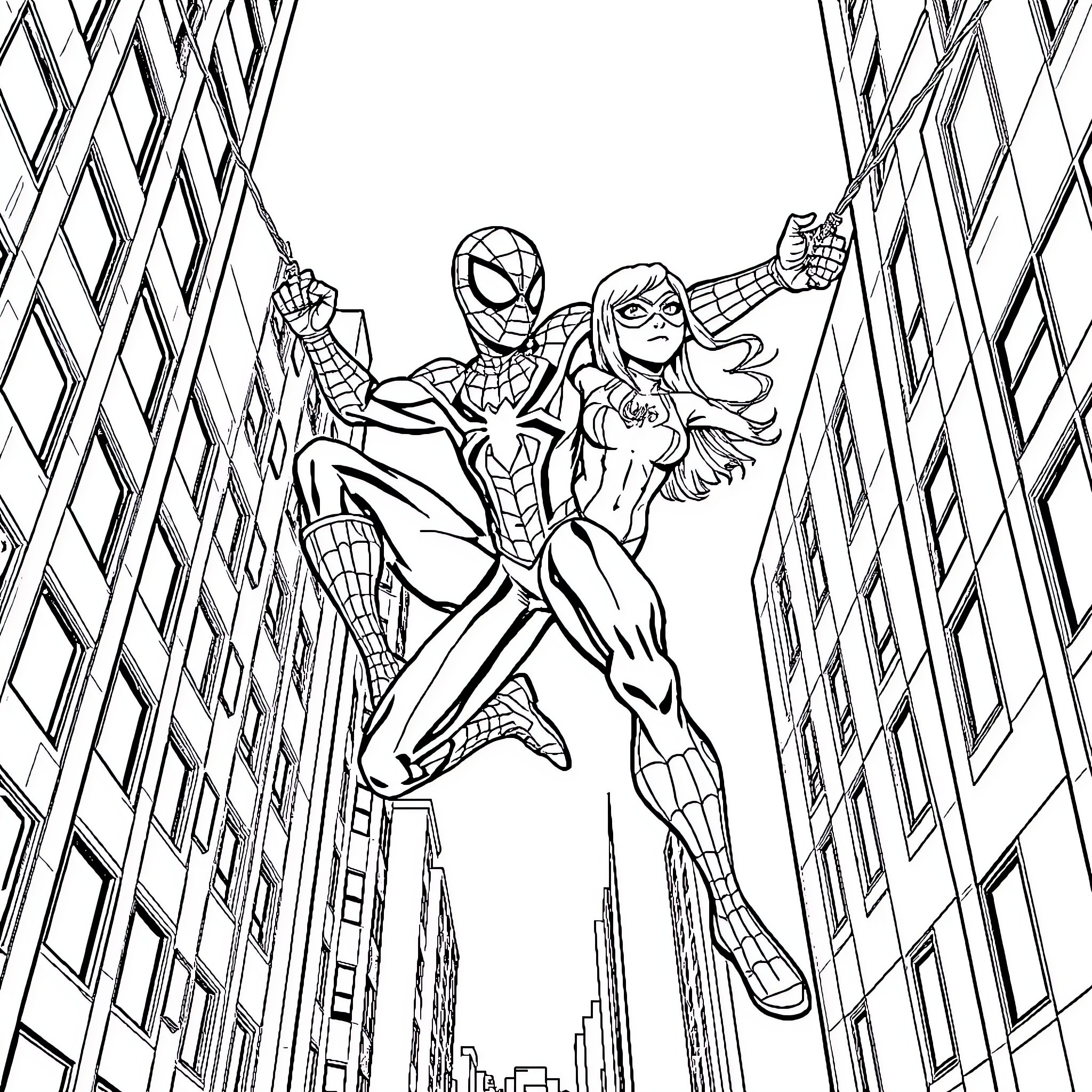 Spider Heroes Swinging Through the City Coloring Page (free black-and-white line drawing printable PDF for all, from beginners to advanced learners, including children, teens, adults, and seniors)