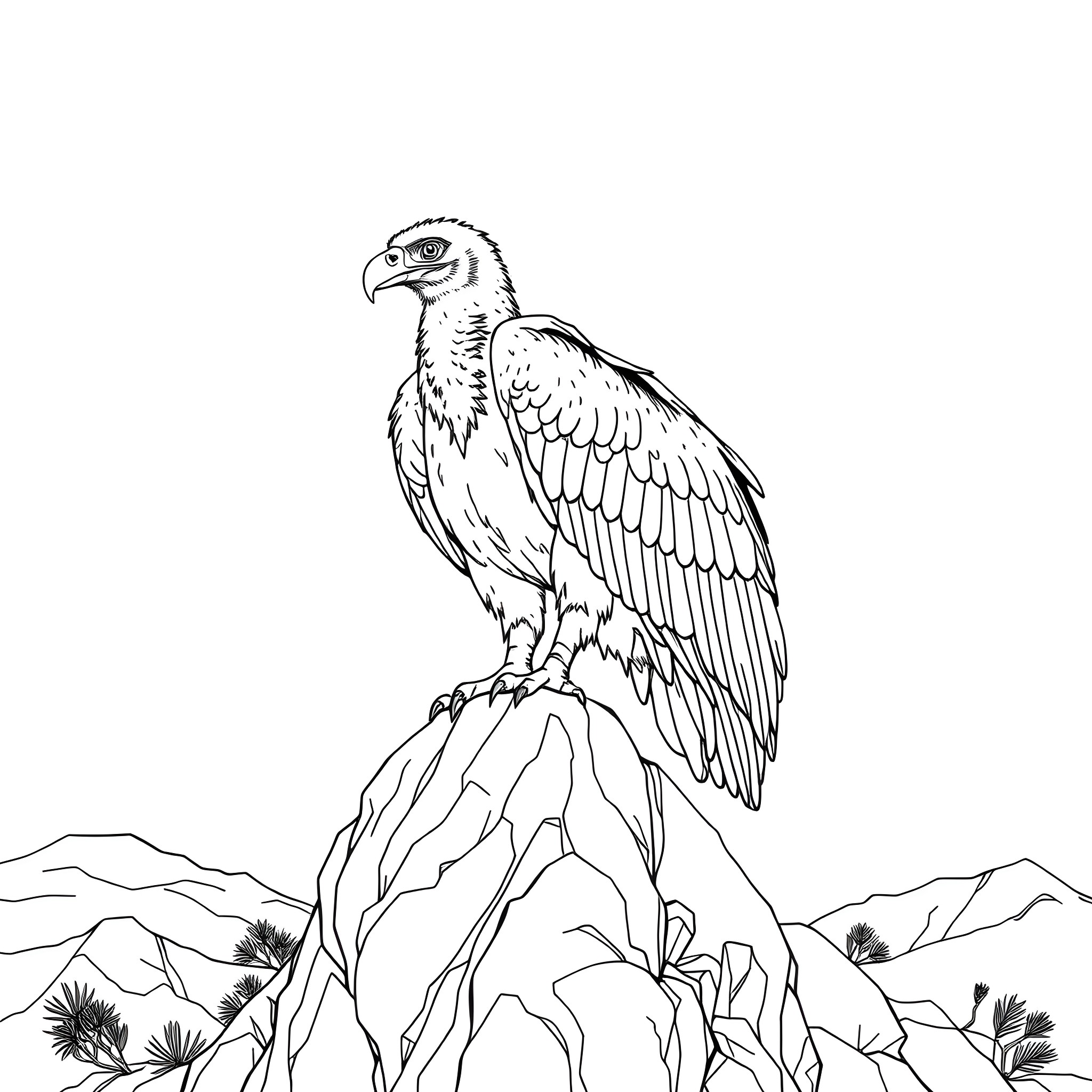 Vulture perched on a rocky outcrop Coloring Page (free black-and-white line drawing printable PDF for all, from beginners to advanced learners, including children, teens, adults, and seniors)
