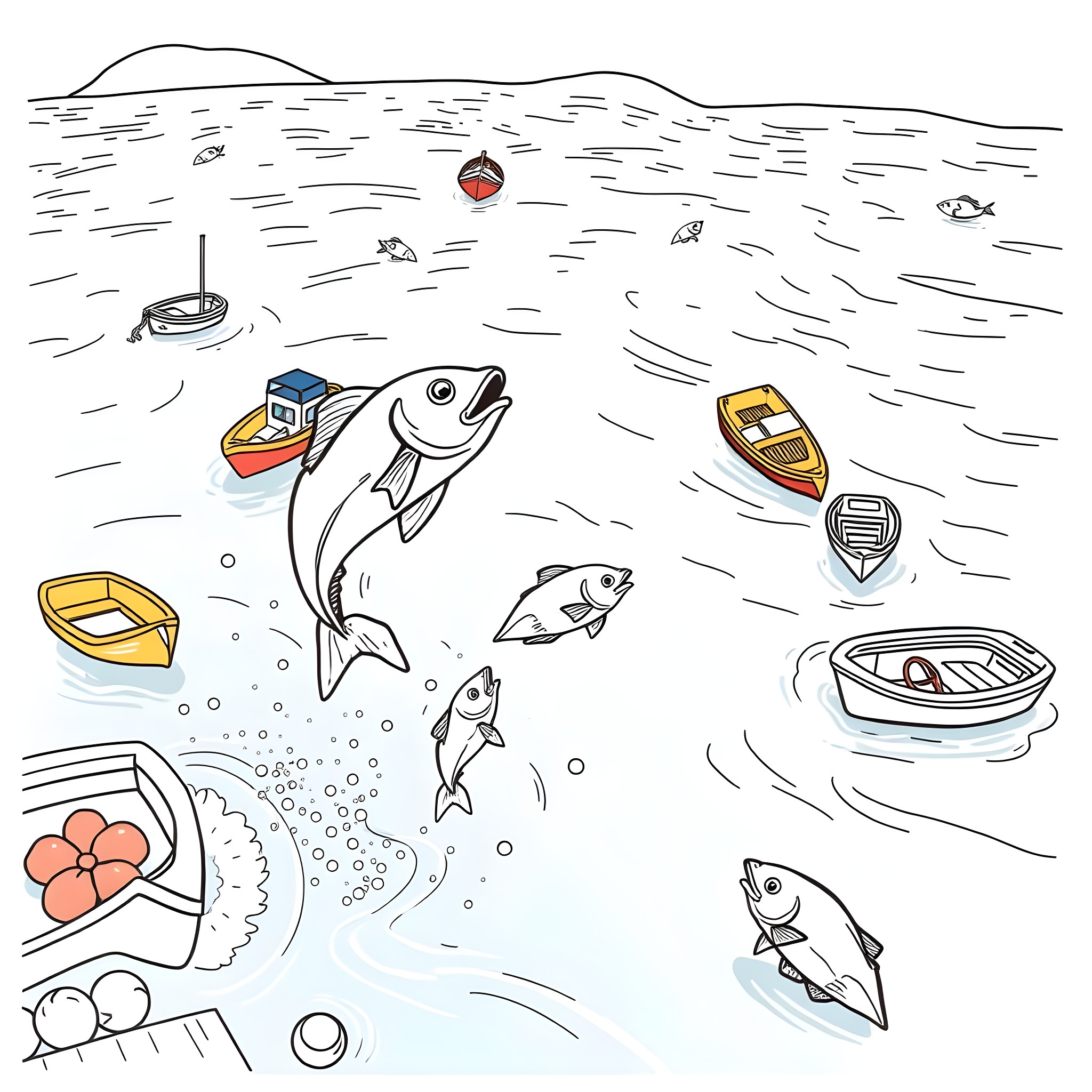 Fish swimming in the ocean with boats and toys Coloring Page (free black-and-white line drawing printable PDF for all, from beginners to advanced learners, including children, teens, adults, and seniors)