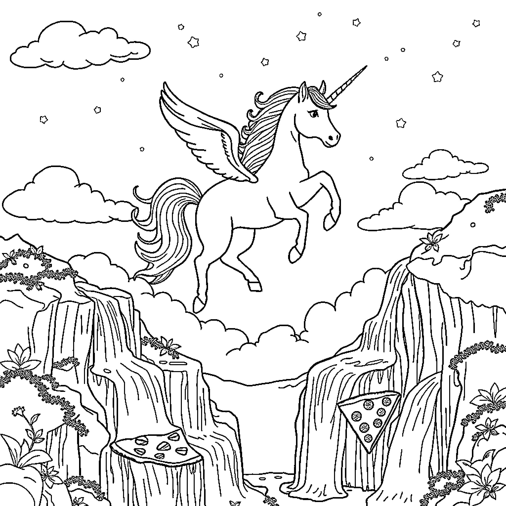 Unicorn soaring over enchanting landscape Coloring Page (free black-and-white line drawing printable PDF for all, from beginners to advanced learners, including children, teens, adults, and seniors)
