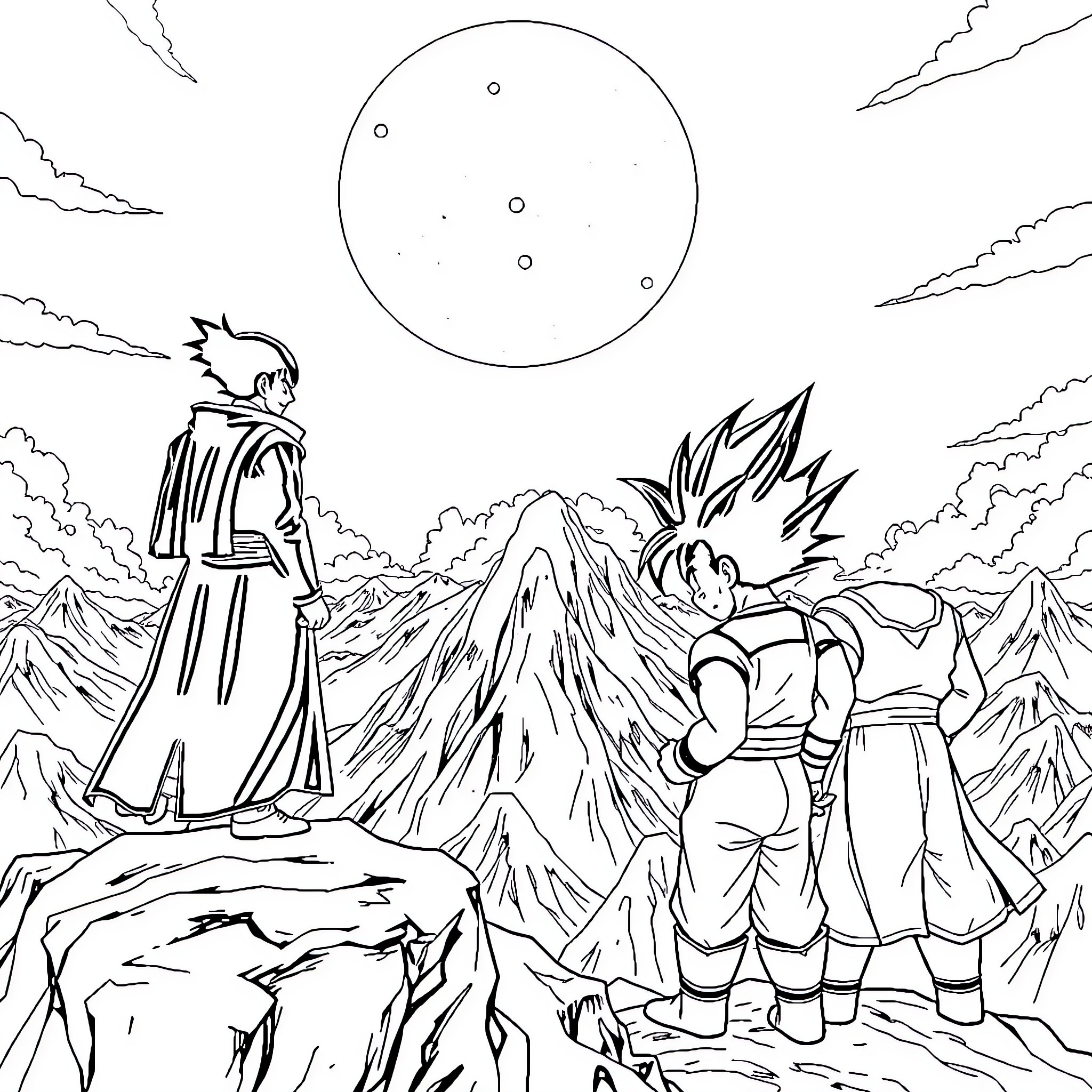 Obito facing a determined rival in a dramatic mountain landscape Coloring Page (free black-and-white line drawing printable PDF for all, from beginners to advanced learners, including children, teens, adults, and seniors)