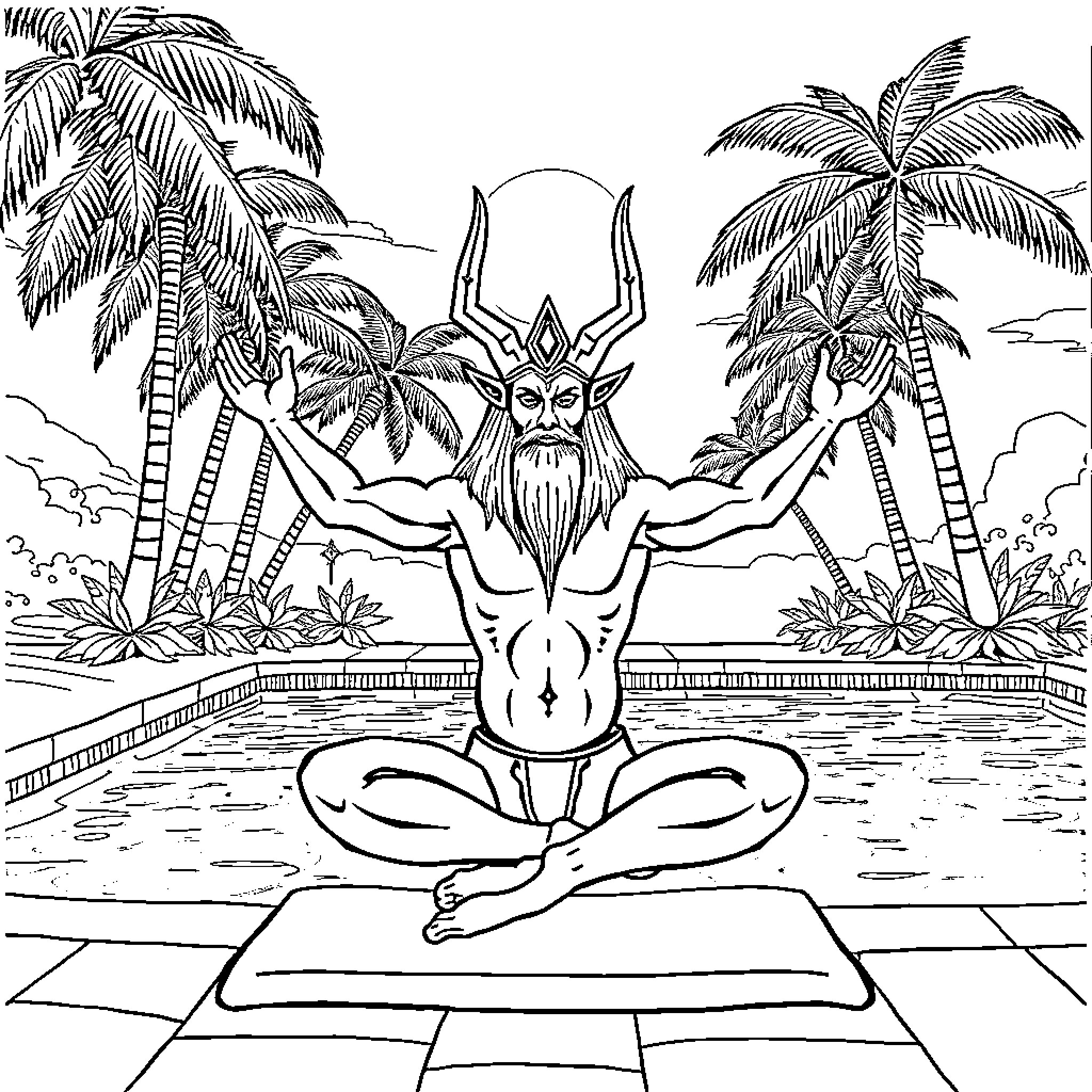 Baphomet meditating peacefully in tropical setting Coloring Page (free black-and-white line drawing printable PDF for all, from beginners to advanced learners, including children, teens, adults, and seniors)