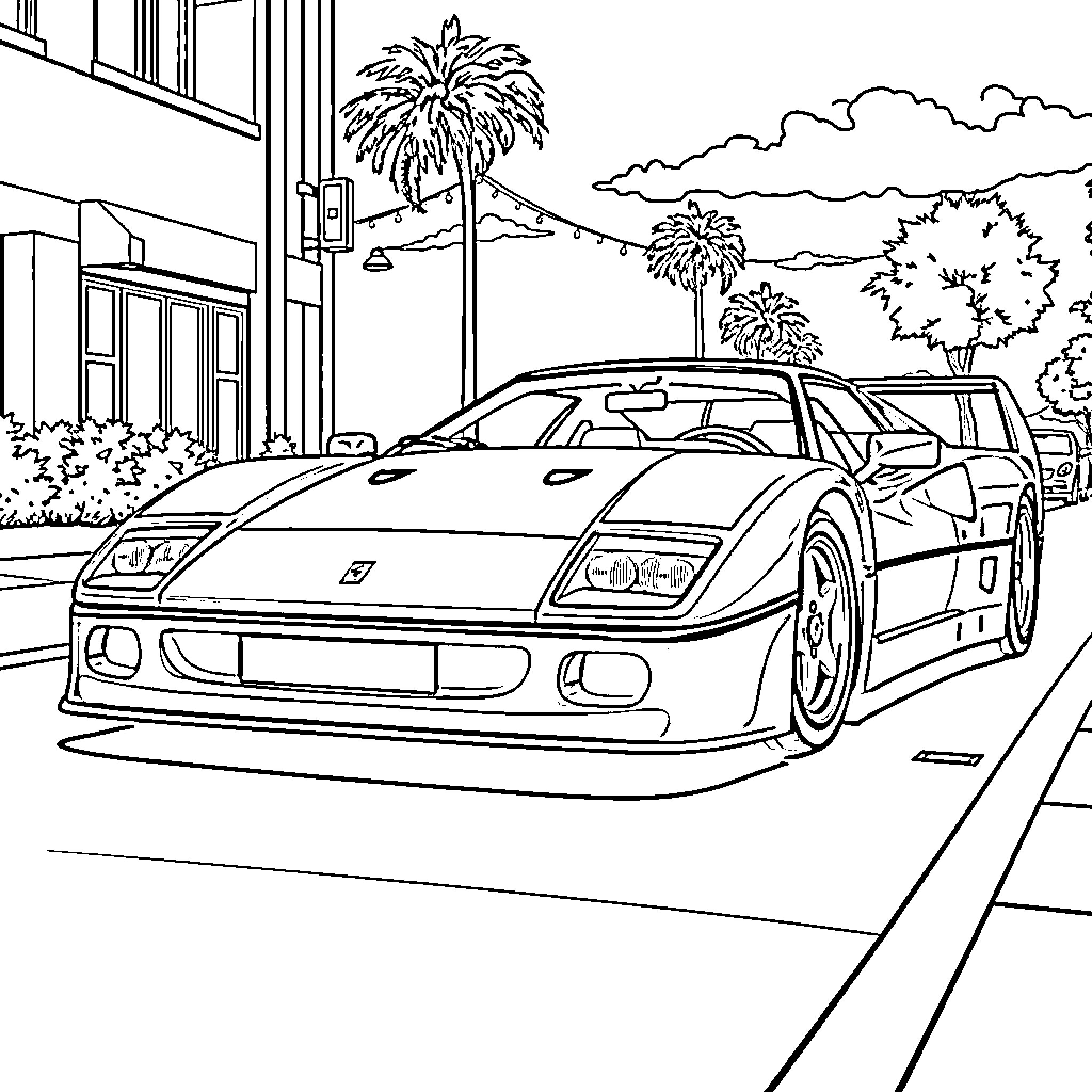 Ferrari Sports Car on City Street Coloring Page (free black-and-white line drawing printable PDF for all, from beginners to advanced learners, including children, teens, adults, and seniors)