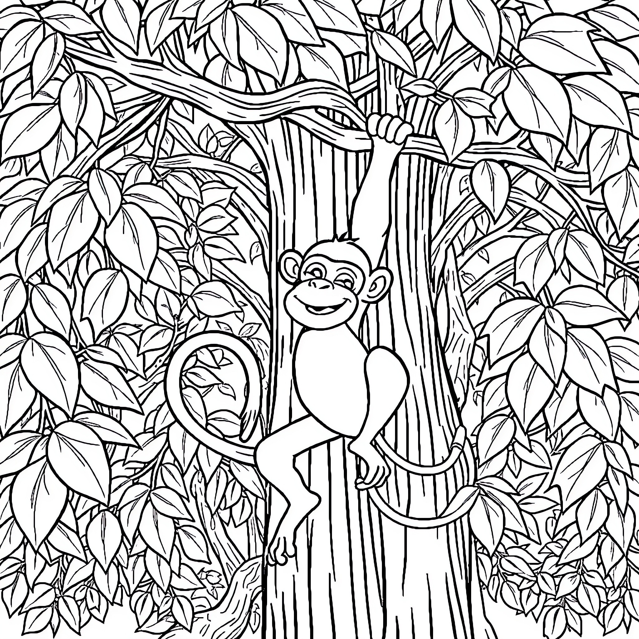Monkey playing happily in the jungle Coloring Page (free black-and-white line drawing printable PDF for all, from beginners to advanced learners, including children, teens, adults, and seniors)
