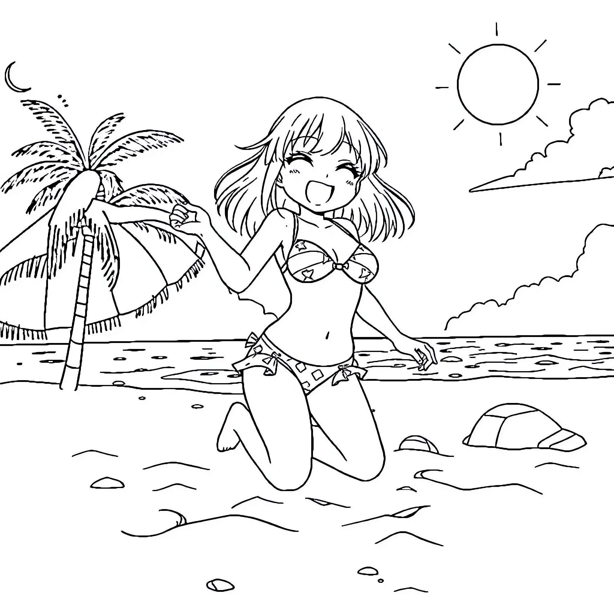 Megumin relaxing on the beach Coloring Page (free black-and-white line drawing printable PDF for all, from beginners to advanced learners, including children, teens, adults, and seniors)