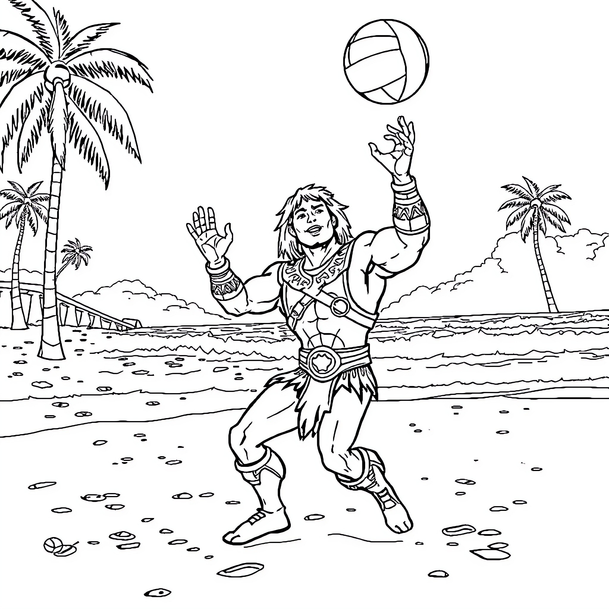 He-Man playing volleyball on a tropical beach Coloring Page (free black-and-white line drawing printable PDF for all, from beginners to advanced learners, including children, teens, adults, and seniors)