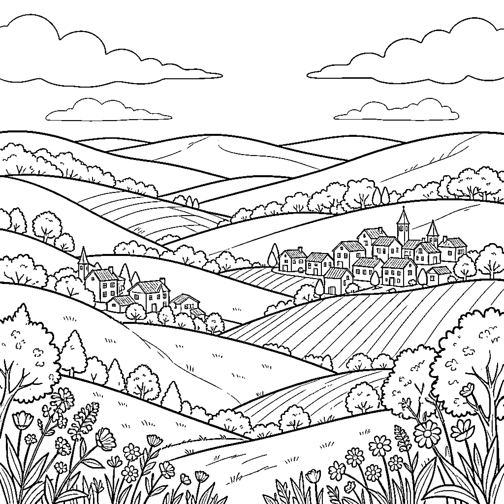 Landscape with Peaceful Village Nestled in Rolling Hills Coloring Page (free black-and-white line drawing printable PDF for all, from beginners to advanced learners, including children, teens, adults, and seniors)