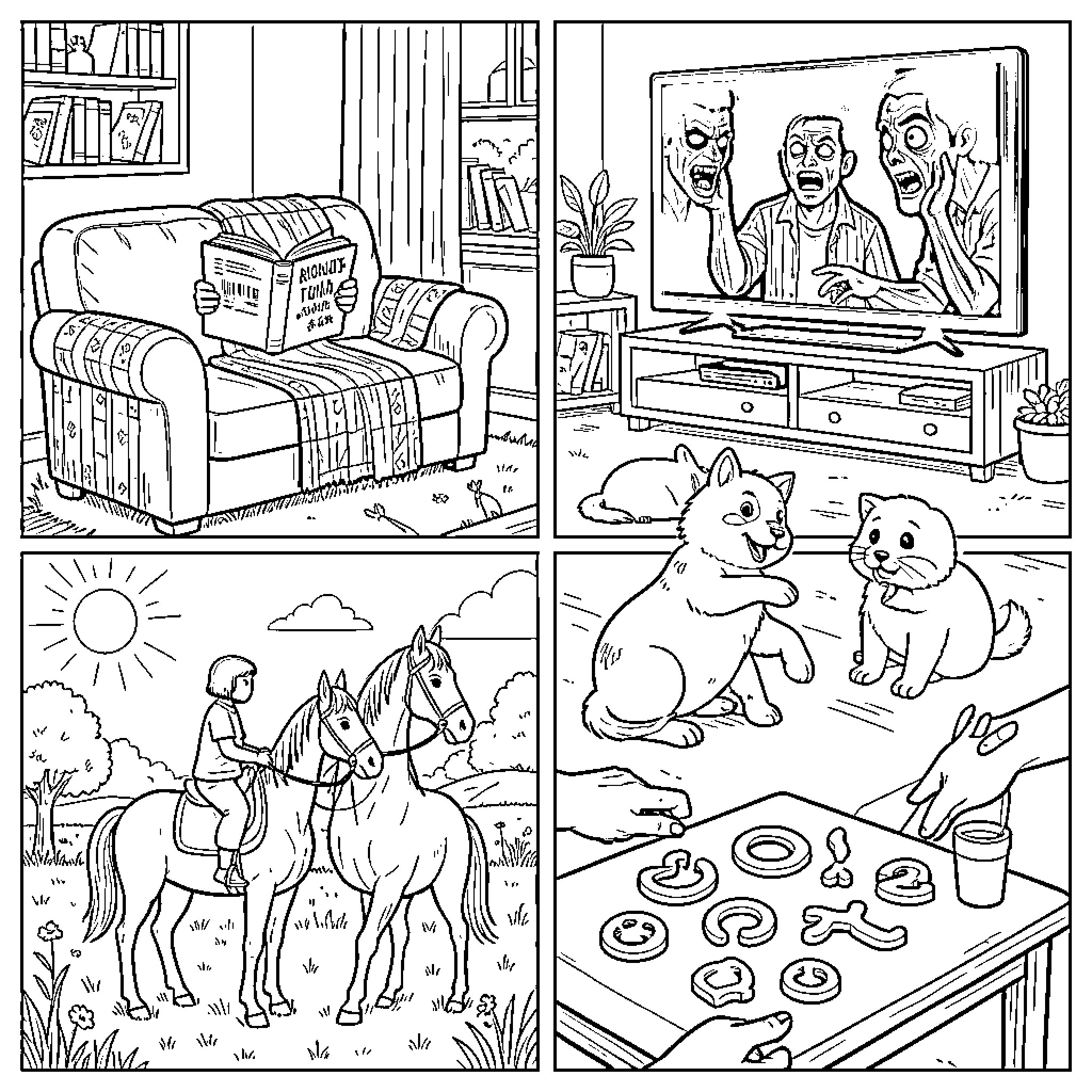 Things happening in different cozy daily scenes Coloring Page (free black-and-white line drawing printable PDF for all, from beginners to advanced learners, including children, teens, adults, and seniors)