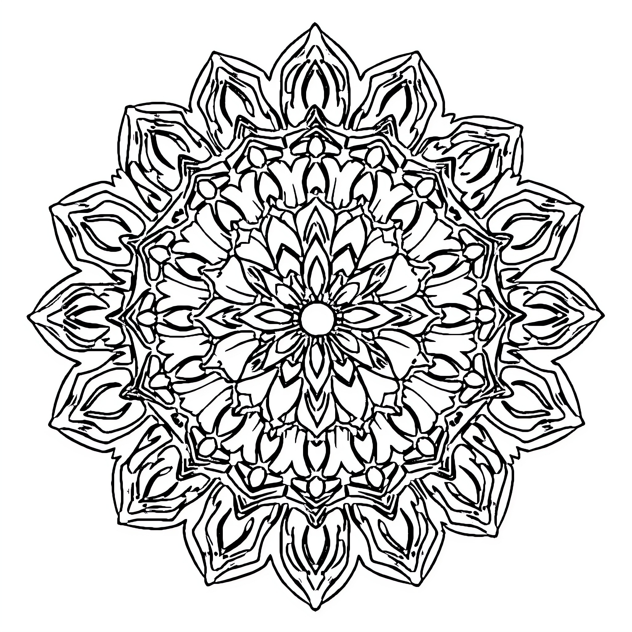 Mandala with intricate floral patterns Coloring Page (free black-and-white line drawing printable PDF for all, from beginners to advanced learners, including children, teens, adults, and seniors)