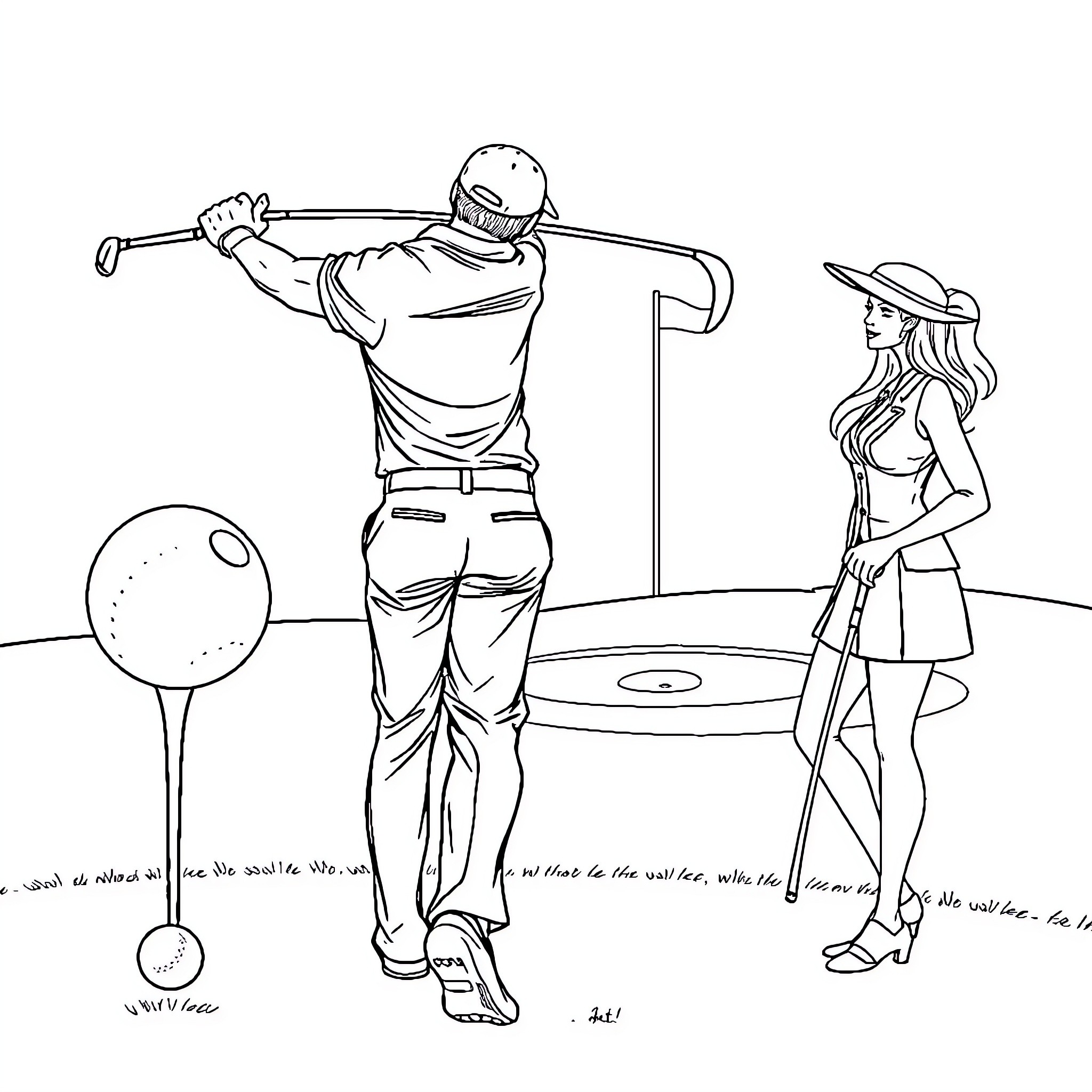 Golfer preparing to swing with female spectator Coloring Page (free black-and-white line drawing printable PDF for all, from beginners to advanced learners, including children, teens, adults, and seniors)