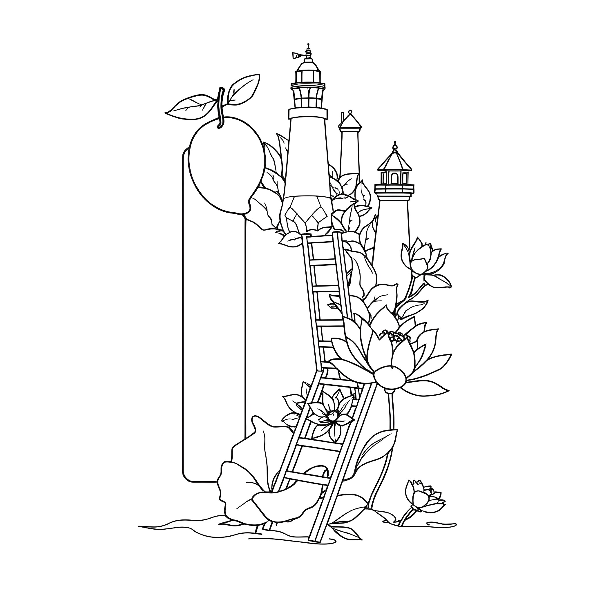 Letter L - Lighthouse with Lotus Flowers Coloring Page (free black-and-white line drawing printable PDF for all, from beginners to advanced learners, including children, teens, adults, and seniors)