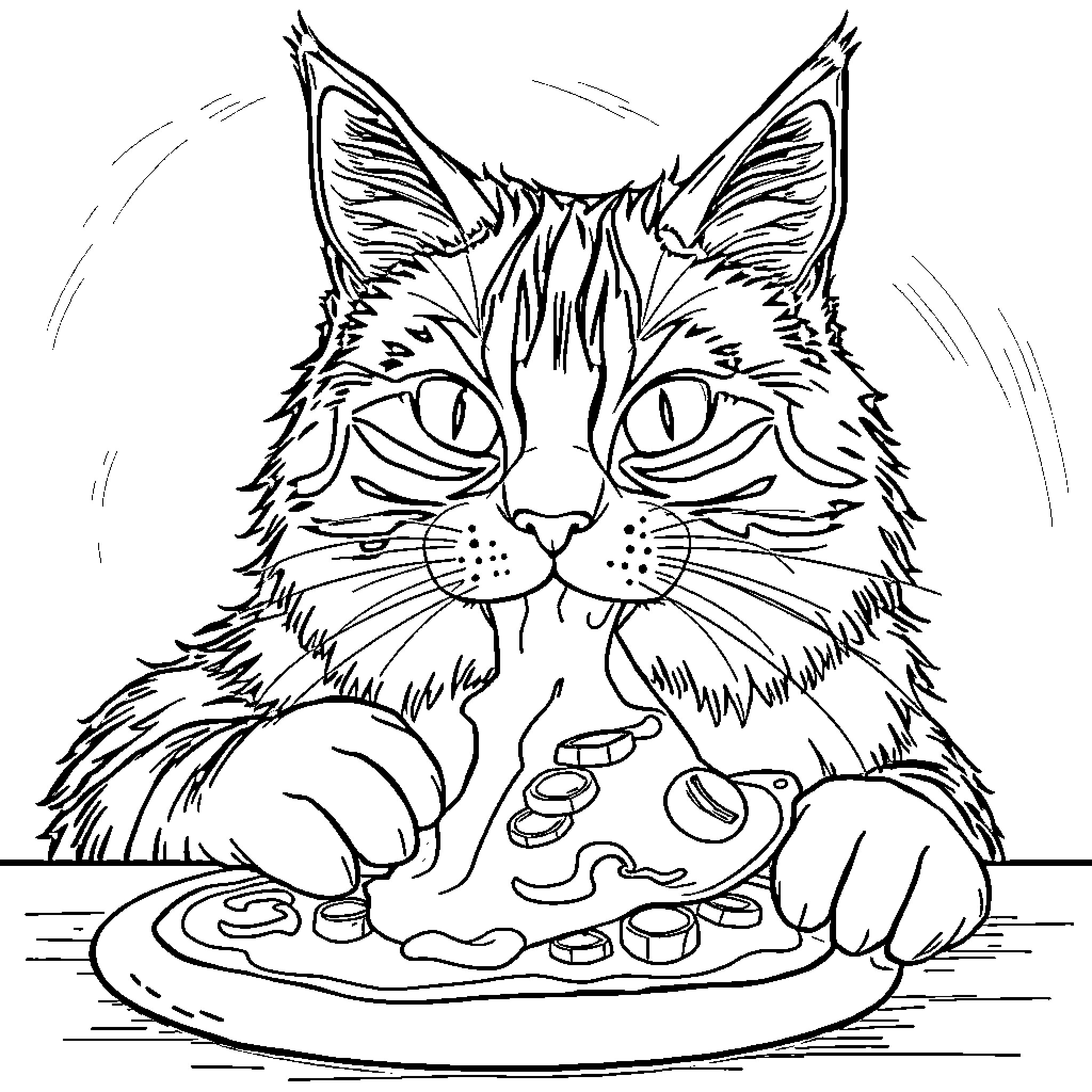 Maine Coon Cat Eating Delicious Food Coloring Page (free black-and-white line drawing printable PDF for all, from beginners to advanced learners, including children, teens, adults, and seniors)