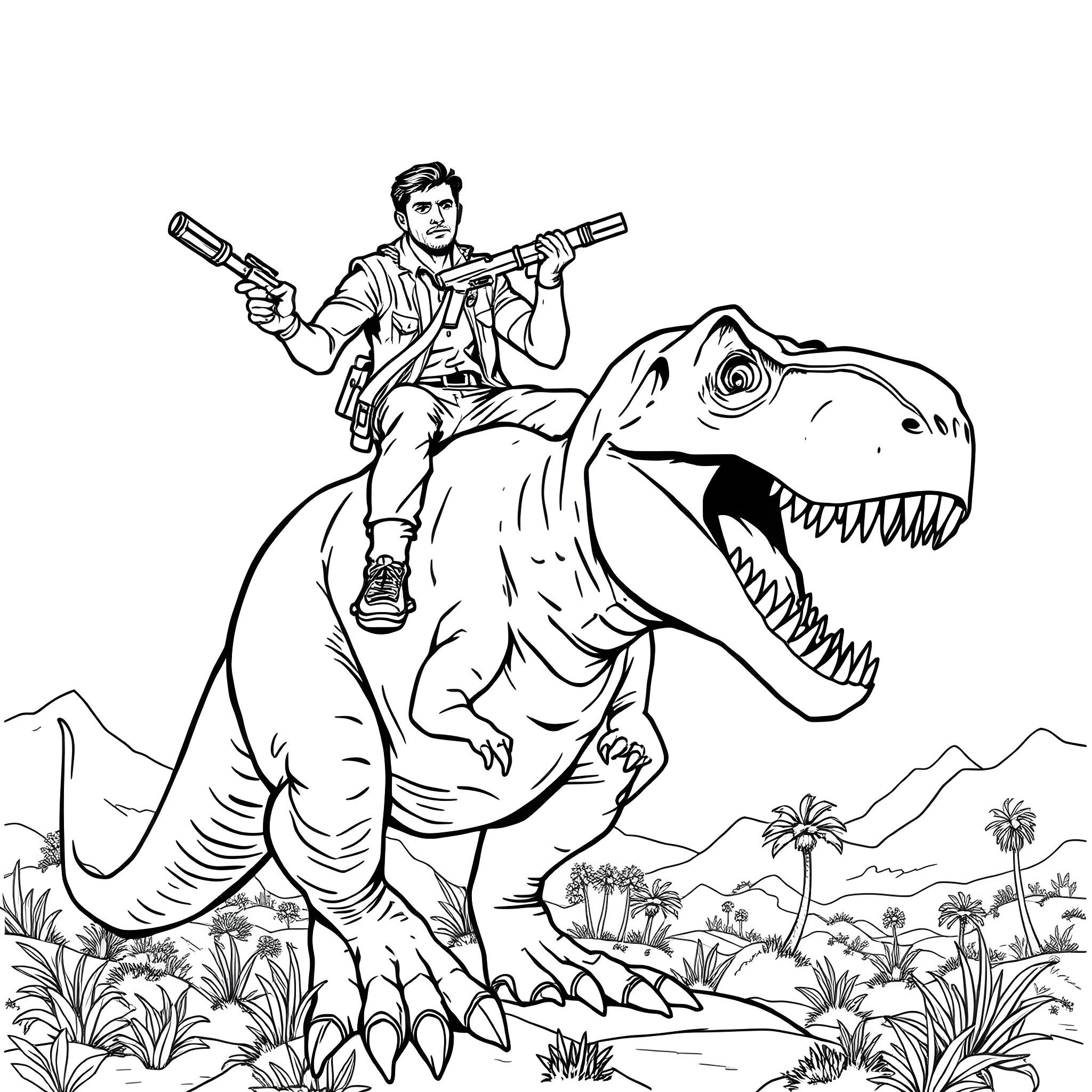 Man rides a mighty dinosaur in the wilderness Coloring Page (free black-and-white line drawing printable PDF for all, from beginners to advanced learners, including children, teens, adults, and seniors)