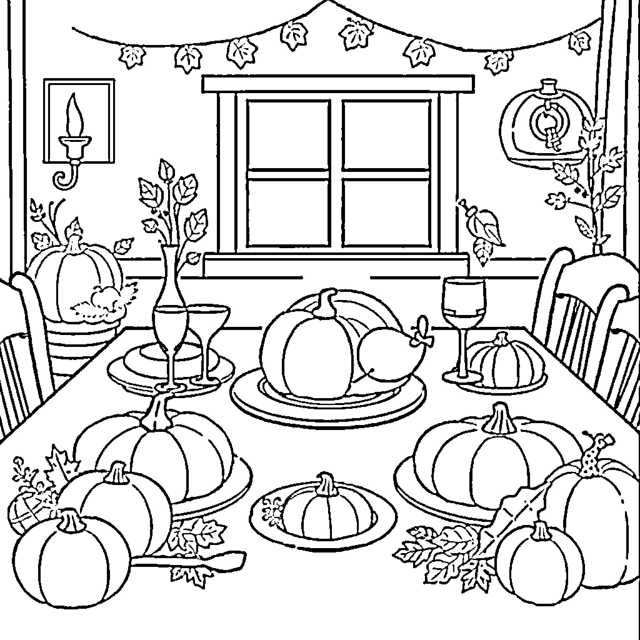 Thanksgiving table filled with autumnal decorations Coloring Page (free black-and-white line drawing printable PDF for all, from beginners to advanced learners, including children, teens, adults, and seniors)