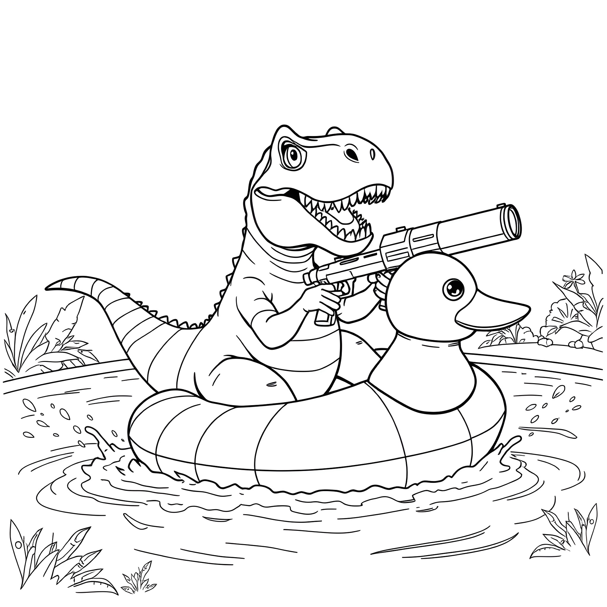 Tyrannosaurus Rex playing with a duck in the water Coloring Page (free black-and-white line drawing printable PDF for all, from beginners to advanced learners, including children, teens, adults, and seniors)