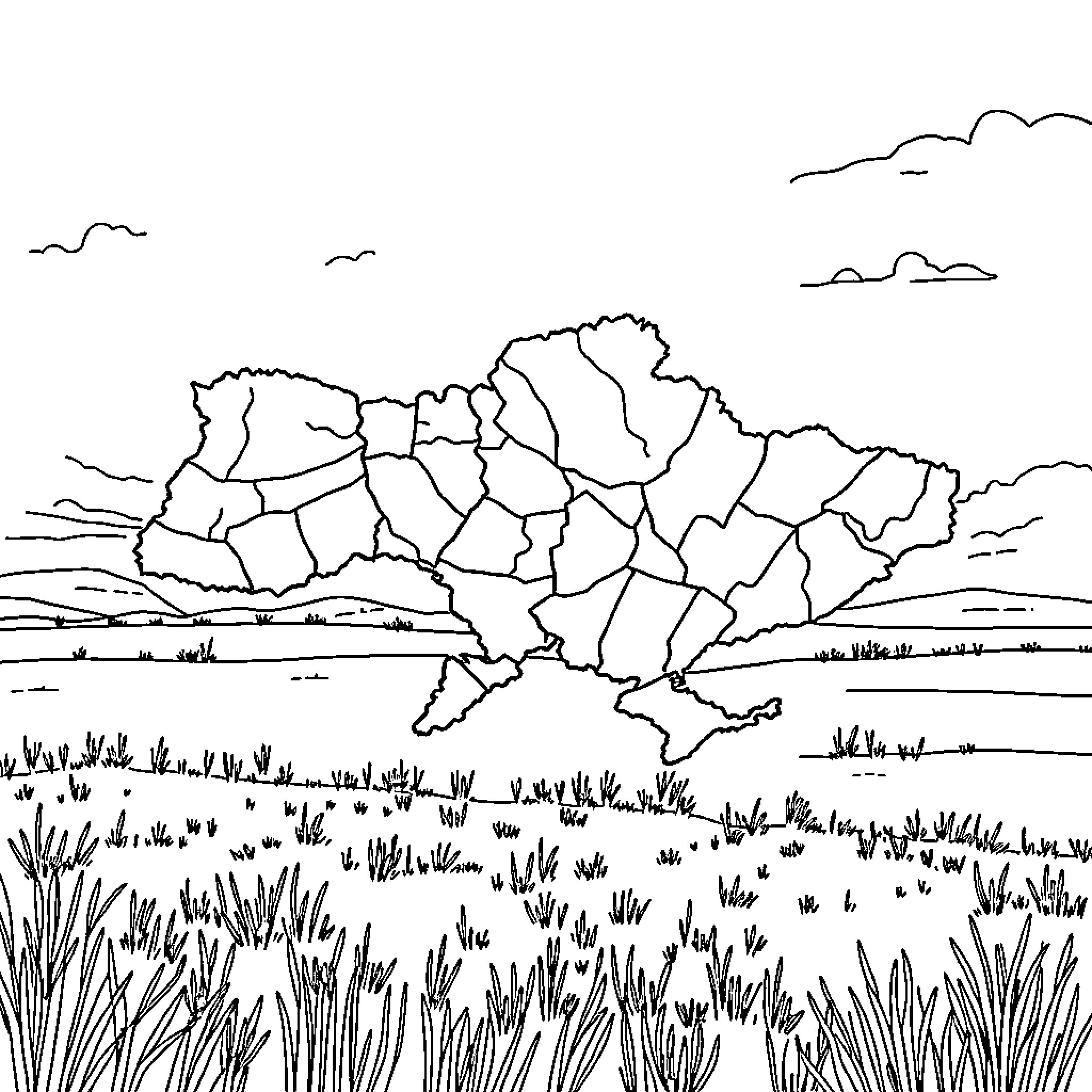 Ukraine landscape with hills and fields Coloring Page (free black-and-white line drawing printable PDF for all, from beginners to advanced learners, including children, teens, adults, and seniors)