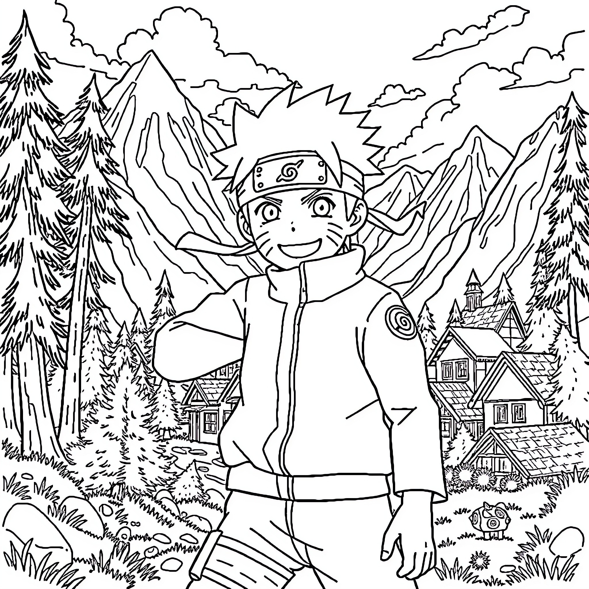 Naruto enjoying the scenic mountain landscape Coloring Page (free black-and-white line drawing printable PDF for all, from beginners to advanced learners, including children, teens, adults, and seniors)